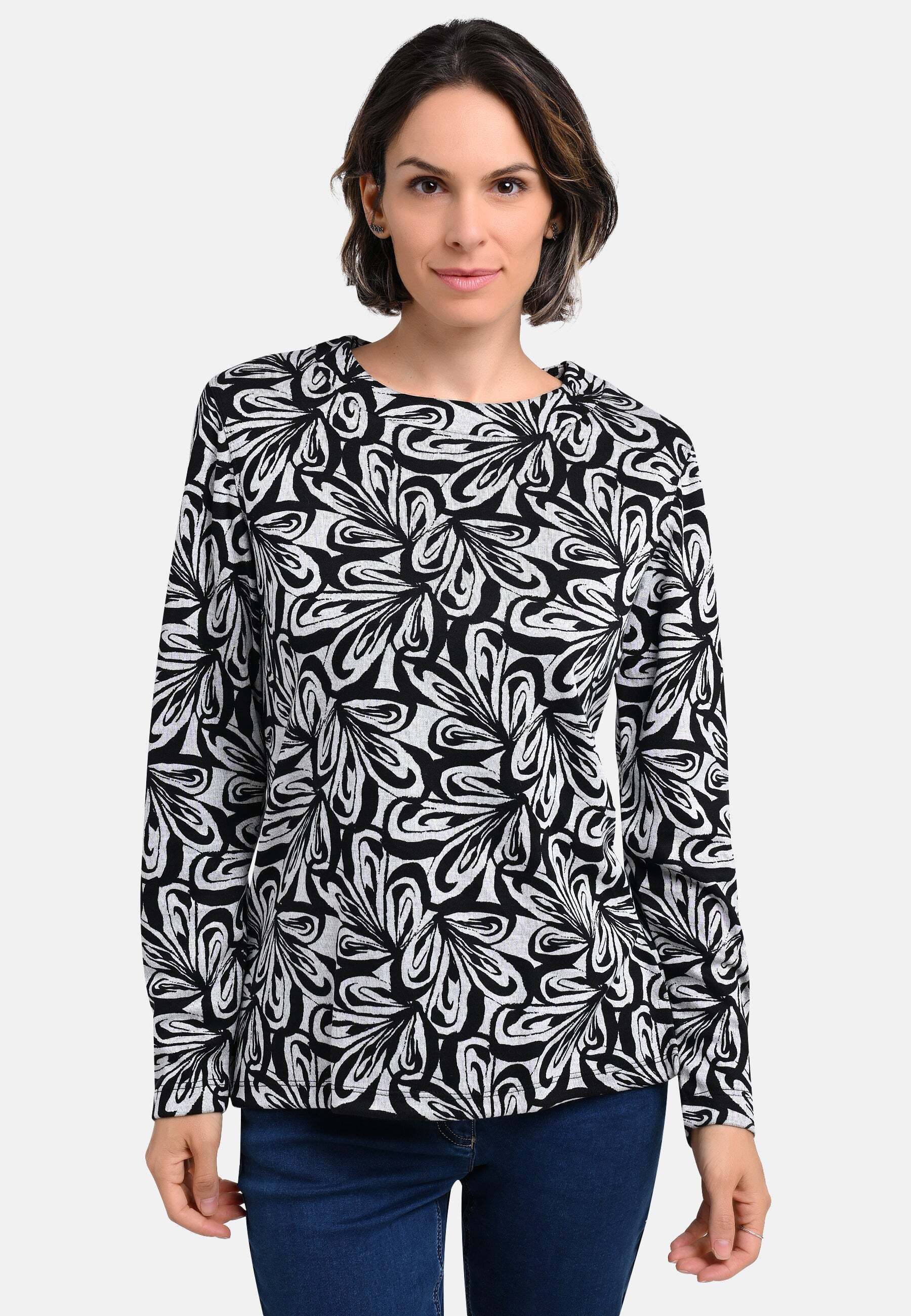 BICALLA T-Shirt Shirt mit floralem Muster in Schwarz/Hellgrau