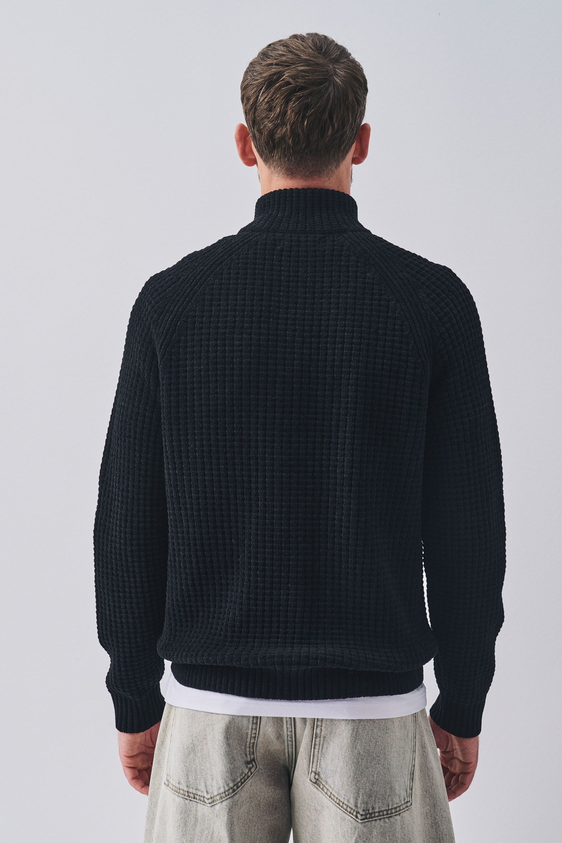 Next Troyer Chenille-Pullover mit Waffelstruktur und RV-Kragen (1-tlg)