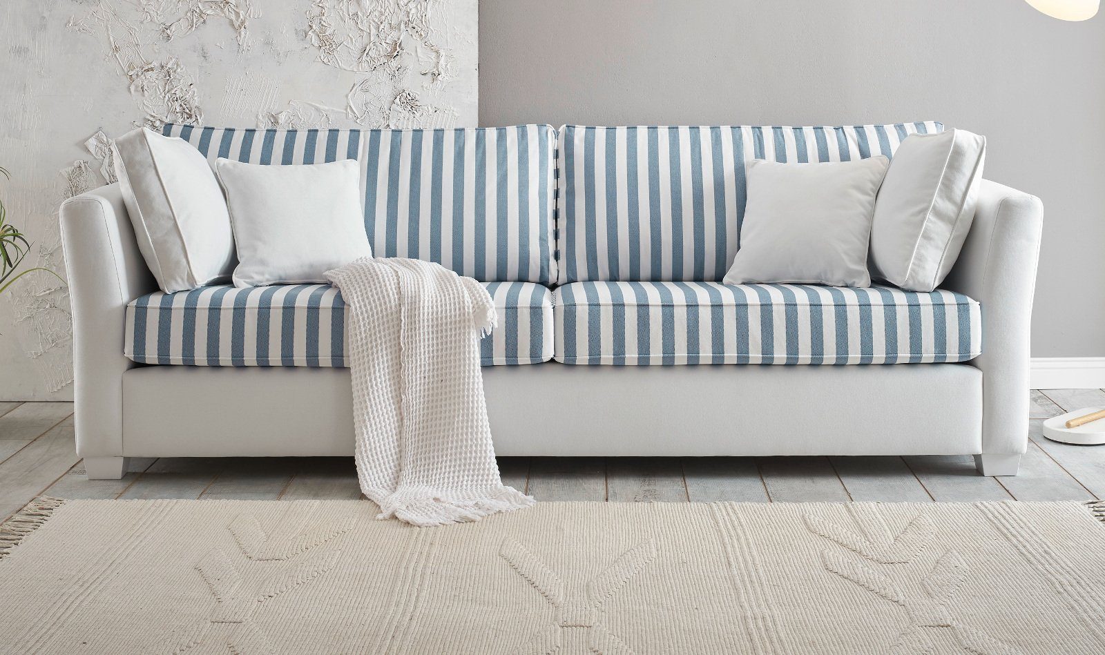 Furn.Design Sofa Hooge, 3-Sitzer in cremeweiß mit blau, Landhausstil, mit Bonell Federkern