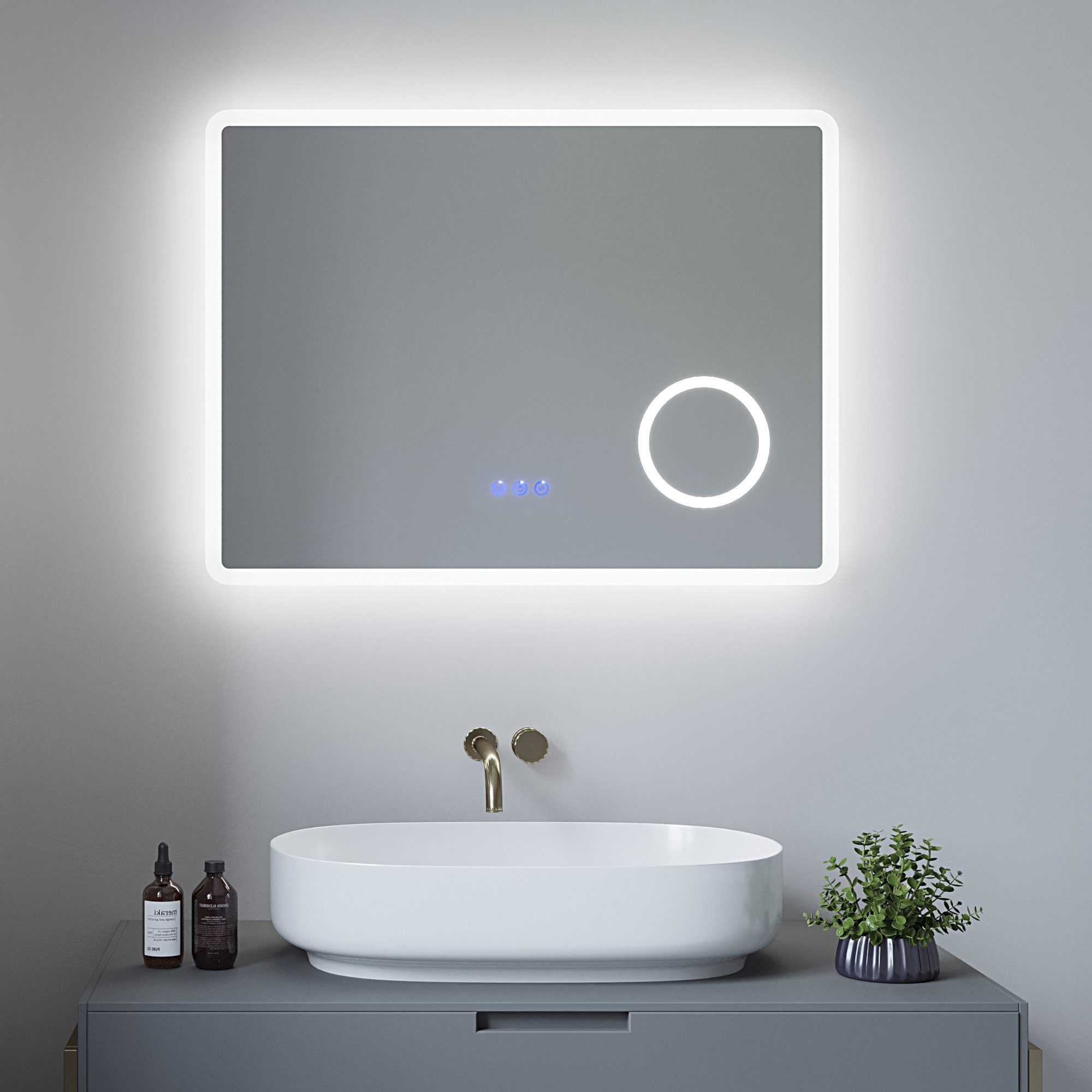 AQUABATOS Badspiegel Bad Spiegel Led 80x60cm Touch warmweiß Badspiegel mit Kosmetikspiegel (Typ D mit Beleuchtung und vergrößerung Wandspiegel silber Badezimmerspiegel Led mit Licht ohne Rahmen Lichtspiegel Wandschalter Kaltweiß 6400K, Warmweiß 3000K, Dimmbar, Touch Schalter, BORAS), Antibeschlag Kosmetikspiegel mit einer 3-fachen Vergrößerung