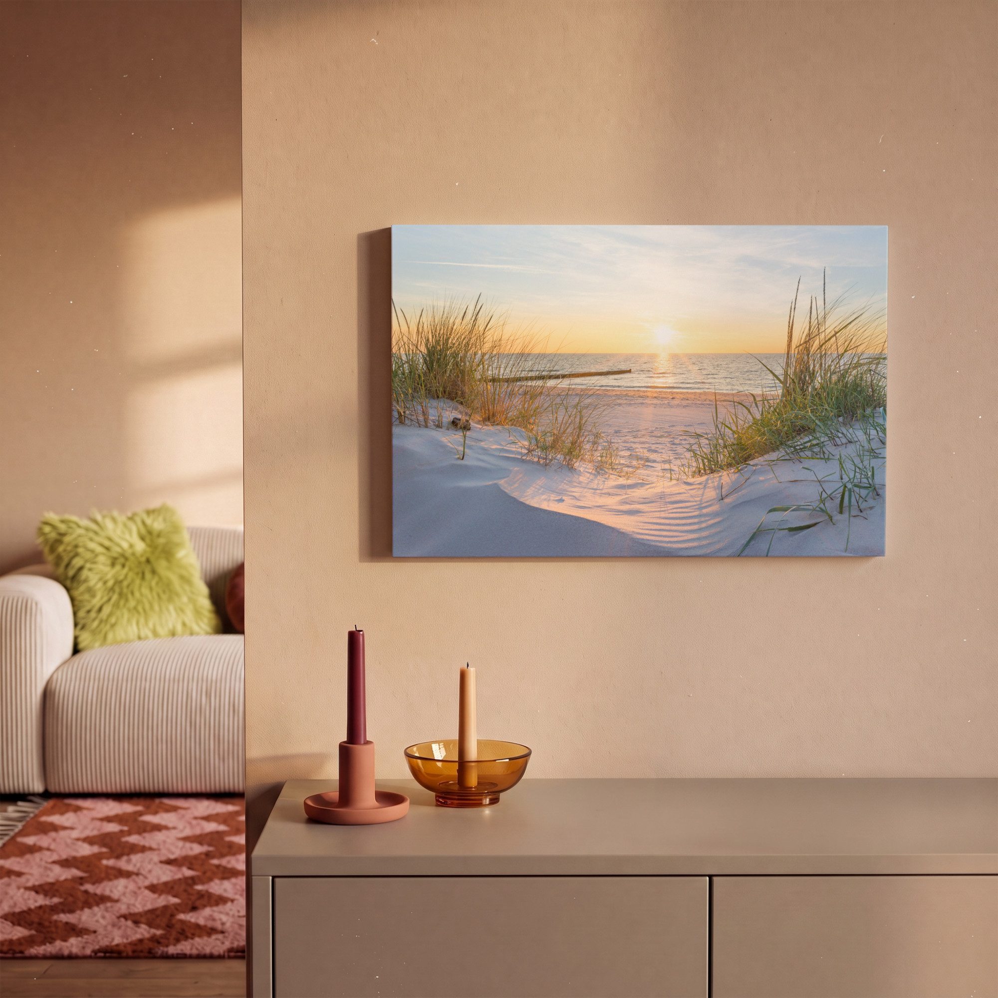 OneMillionCanvasses® Leinwandbild Strand - Sonne - Düne - Gras - Sand - Horizont, Fotodruck (1 St), Leinwand Bilder Klein, Wand Dekoration Aesthetic 30x20 cm – Bild 2 von 5