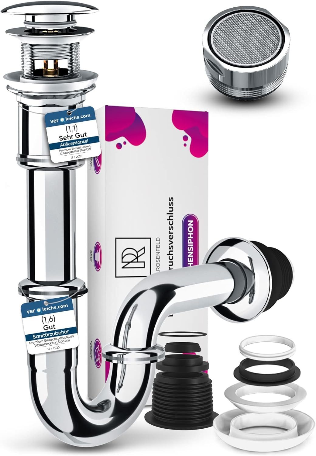 M. Rosenfeld Ablaufgarnitur Siphon Waschbecken POP UP mit Überlauf für Waschbecken, Waschtisch Geruchsverschluss