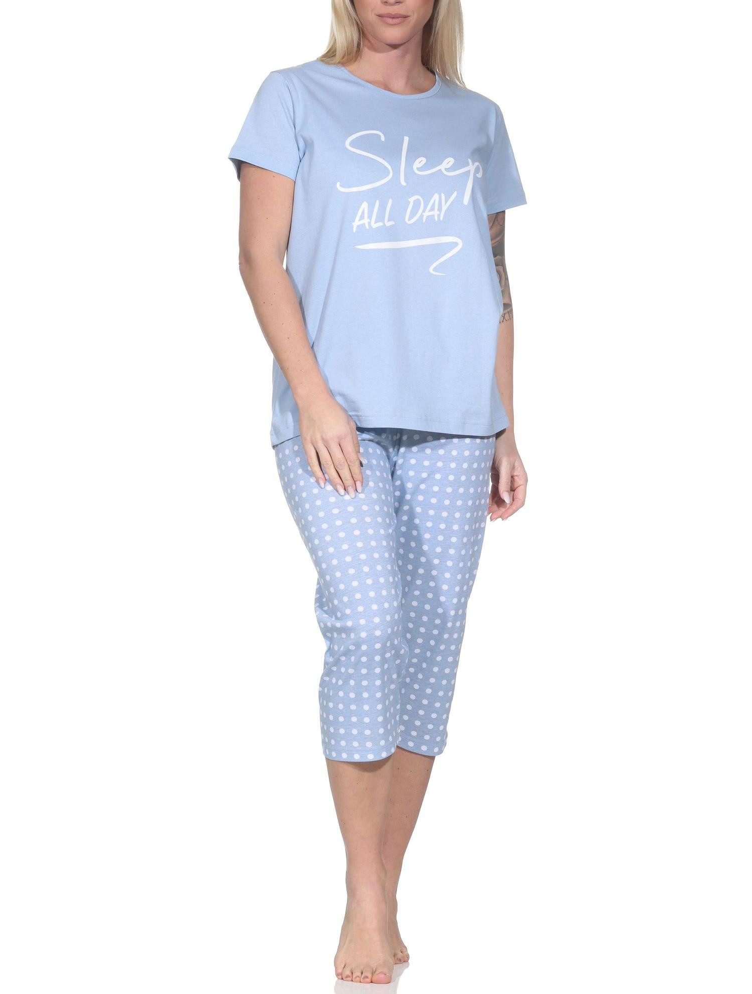 Normann Pyjama Normann Damen Schlafanzug kurzarm mit Capri-Pyjamahose in Punkte Optik