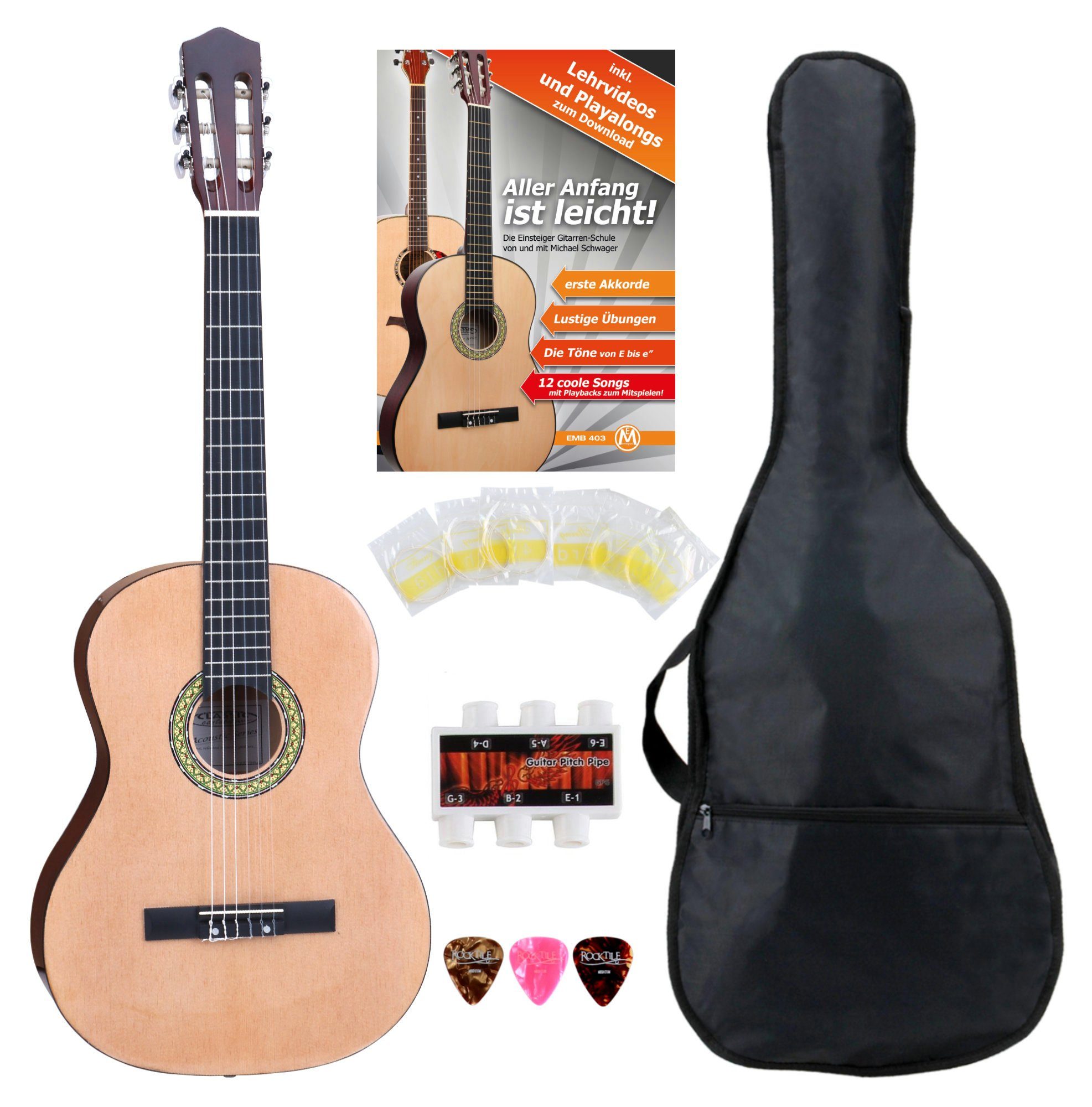 Classic Cantabile Konzertgitarre AS-861 Klassikgitarre, 1/2, Set mit Tasche, Schule, Stimmpfeife, Plektren, Saiten