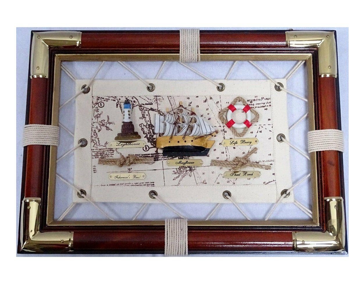 Dekoobjekt Knotentafel auf Segeltuch, Segelschiff, Leuchturm & Knoten