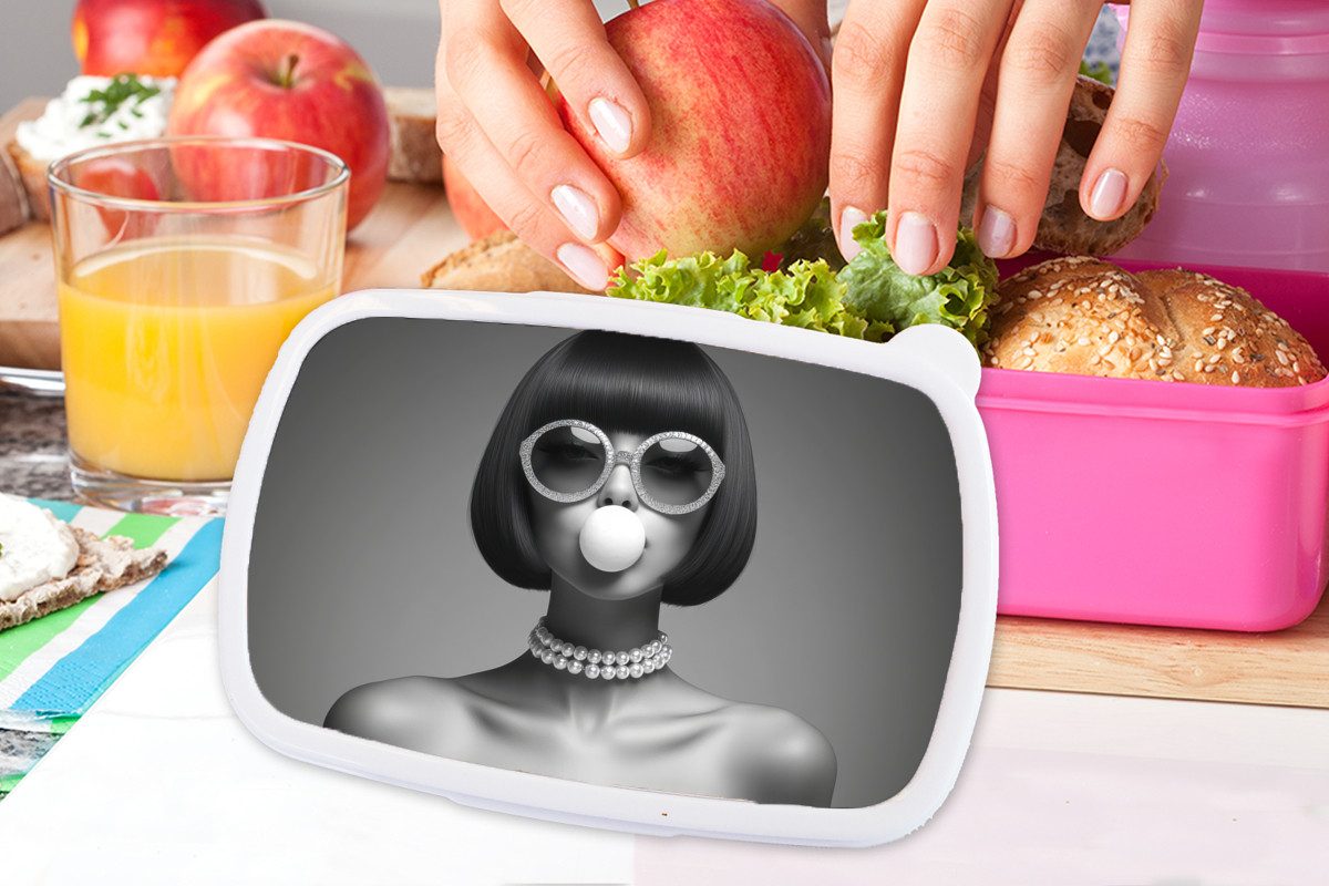 MuchoWow Lunchbox Frau - Schwarz und weiß - Halskette - Sonnenbrille, Kunststoff, (2-tlg), Brotdosen, Lunch Box, Brotbox für Kinder und Erwachsene