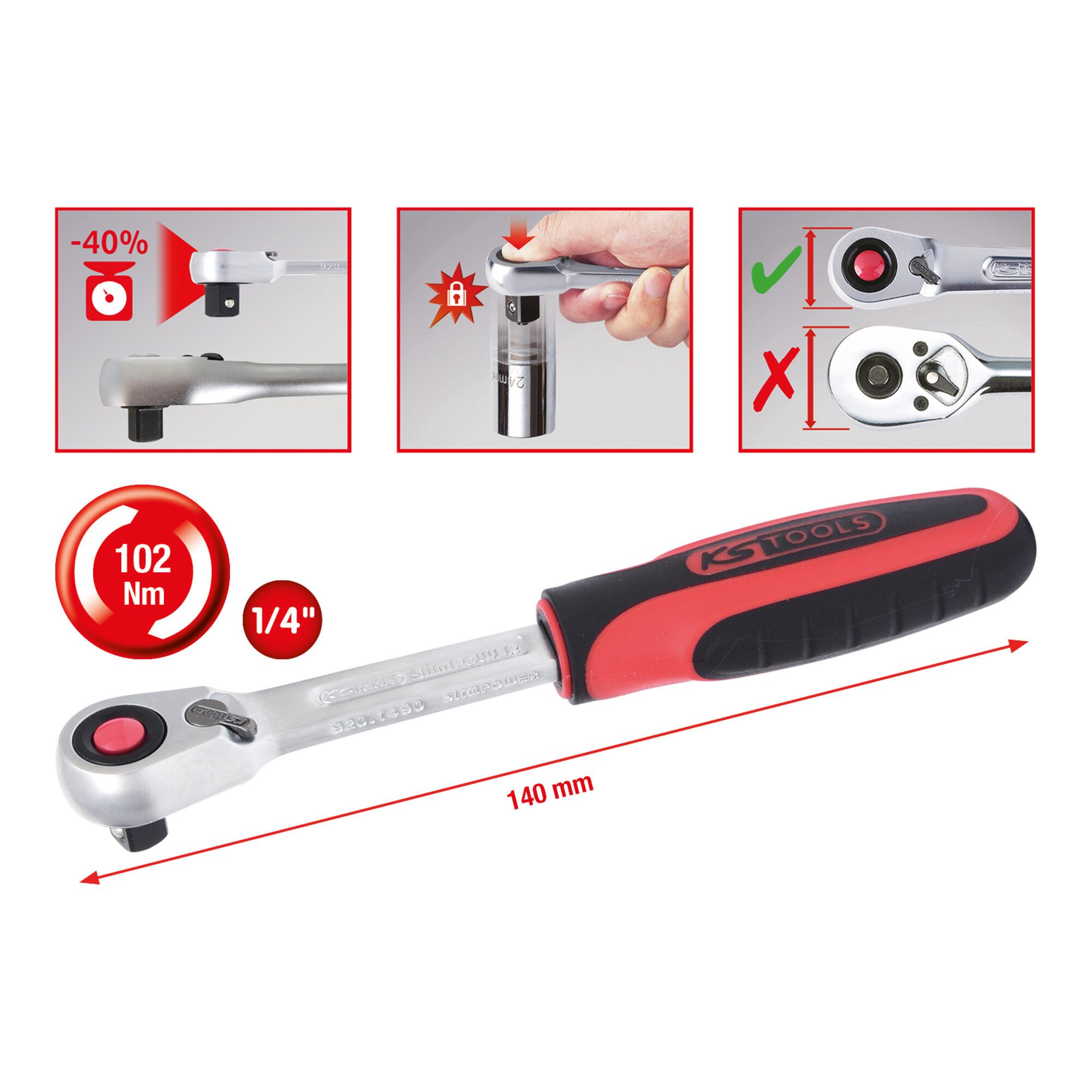 KS Tools Ratsche KS Tools 1/4" SlimPOWER Umschaltknarre,72 Zahn