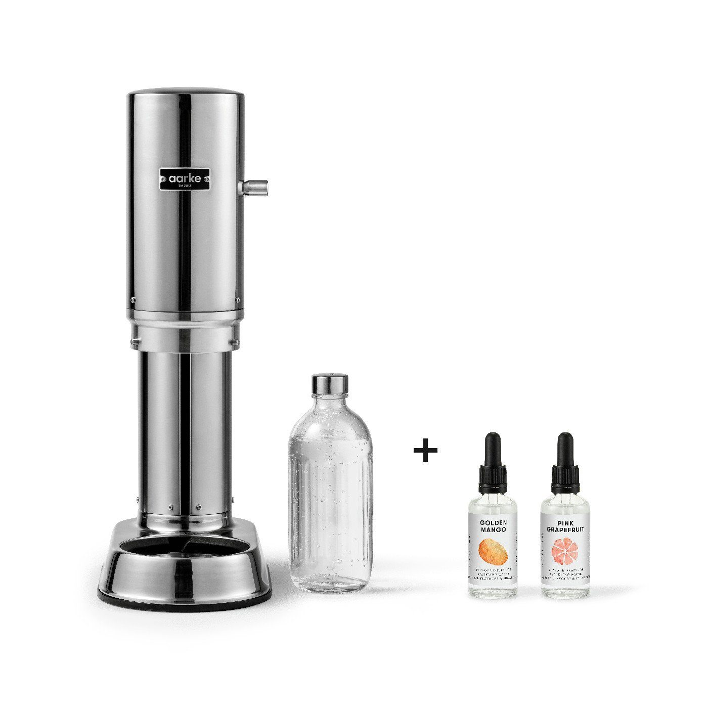 Aarke Wassersprudler Carbonator Pro Silber + Glasflasche + 2 Aromatropfen 50ml, (3-tlg), 1 Glasflasche und 2 x Aromatropfen (Mango und Grapefruit)