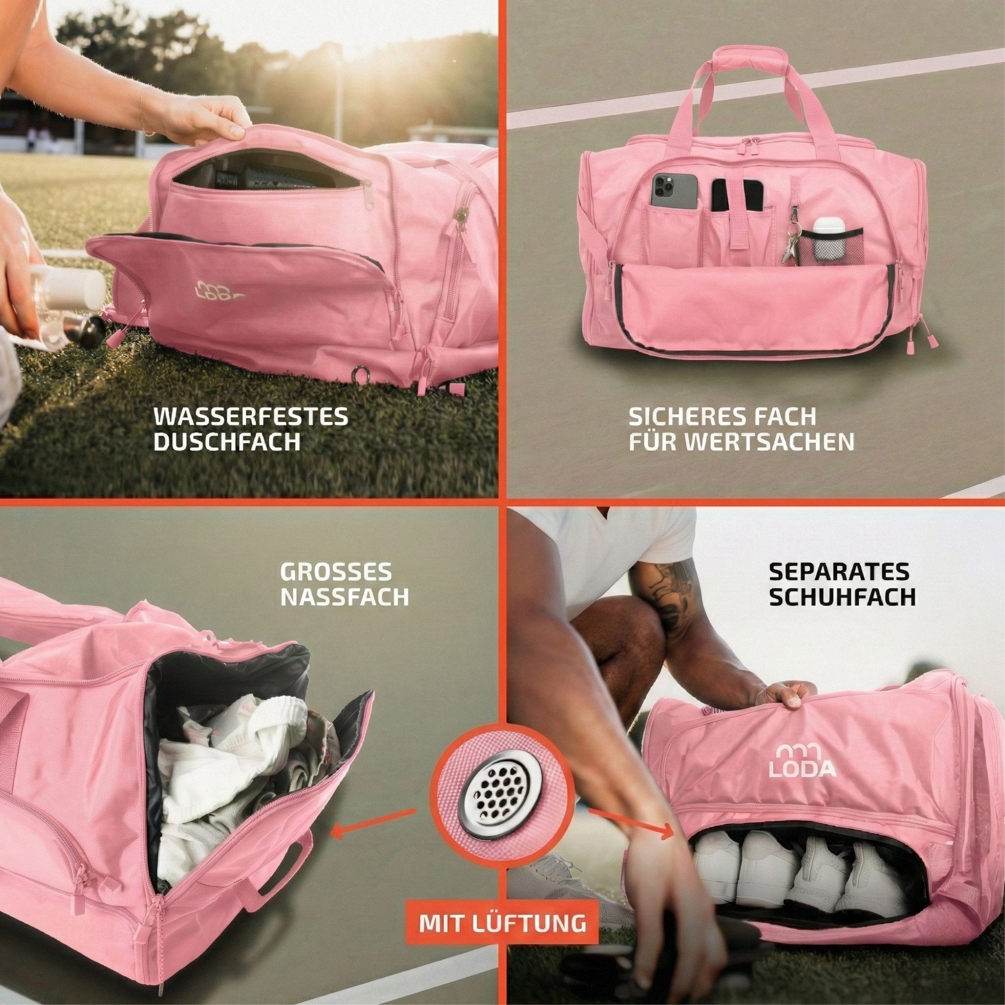 LODA sports Sporttasche compact 48L - Trainingstasche mit Rucksackfunktion & Schuhfach, 50 cm (L) x 30cm (B) x 32cm (H), 48 Liter Volumen