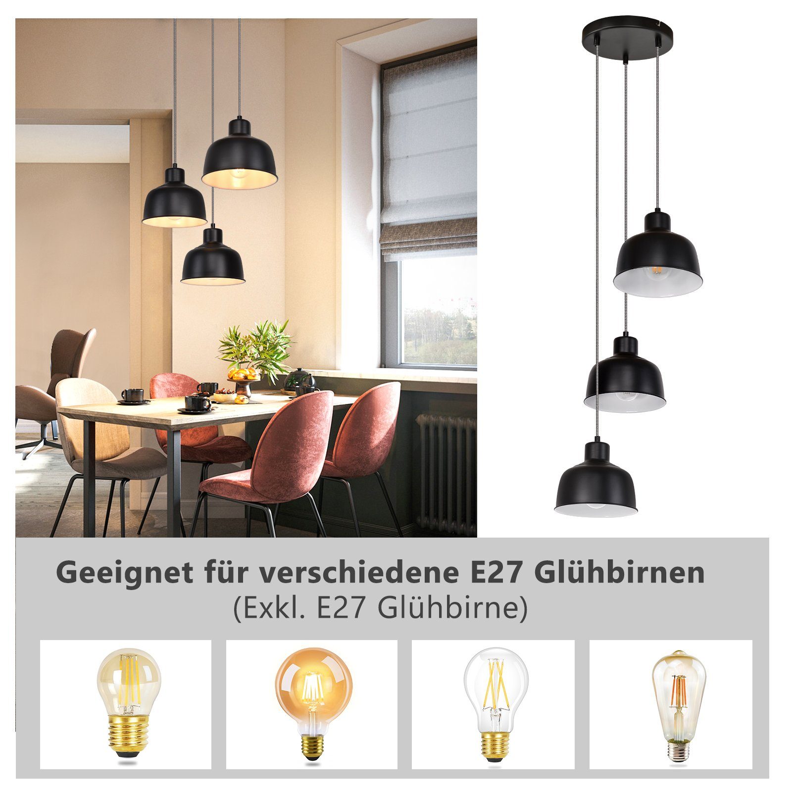Nettlife Pendelleuchte Schwarz 1/3 Flammig Hängelampe günstig online kaufen