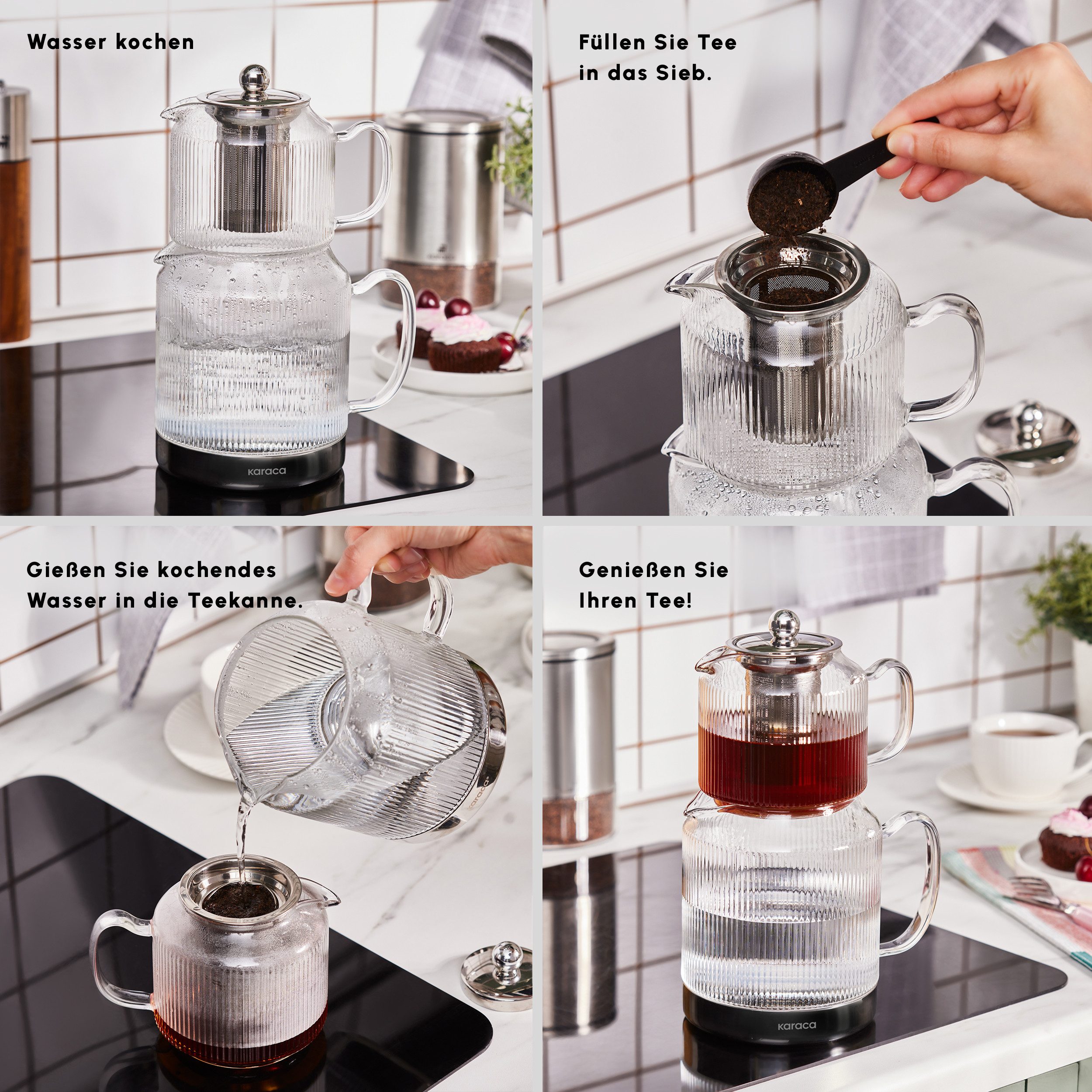 Karaca Teekanne Karaca Keops XL Borosilikat Glas-Teekannen-Set, 1.95L, Silber-Design, 1.95 l, Induktionsgeeignet, elegantes Design – Bild 4 von 5