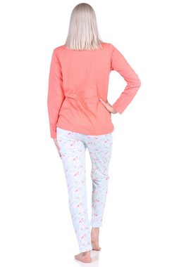 Normann Pyjama Damen Schlafanzug Langarm mit Flamingo Motiv und Knopfleiste am Hals