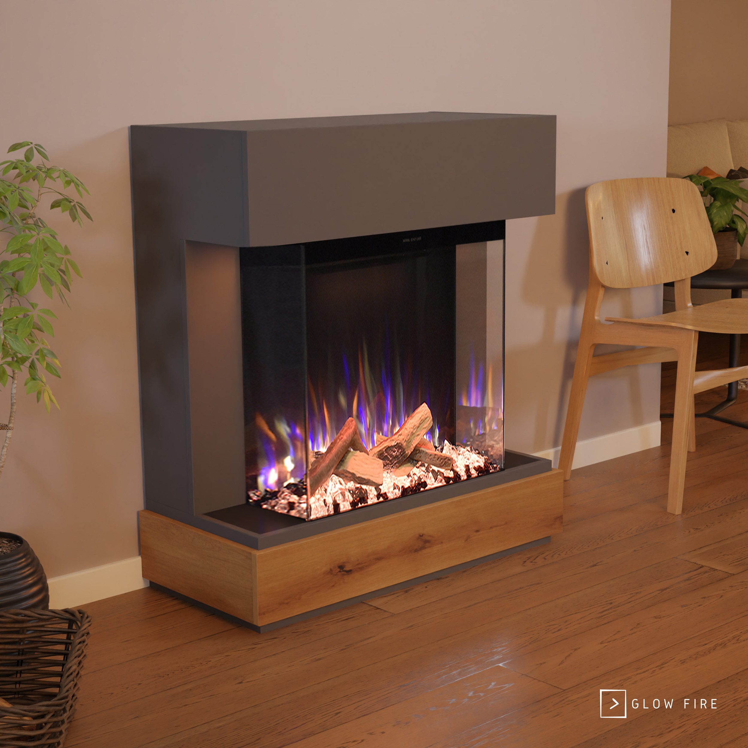 GLOW FIRE Elektrokamin PR13 E-Motion 3D, Elektrischer Kamin mit 3D Feuer mit Heizung, täuschend echte Flamme mit Heizung, 3 Dekorationen