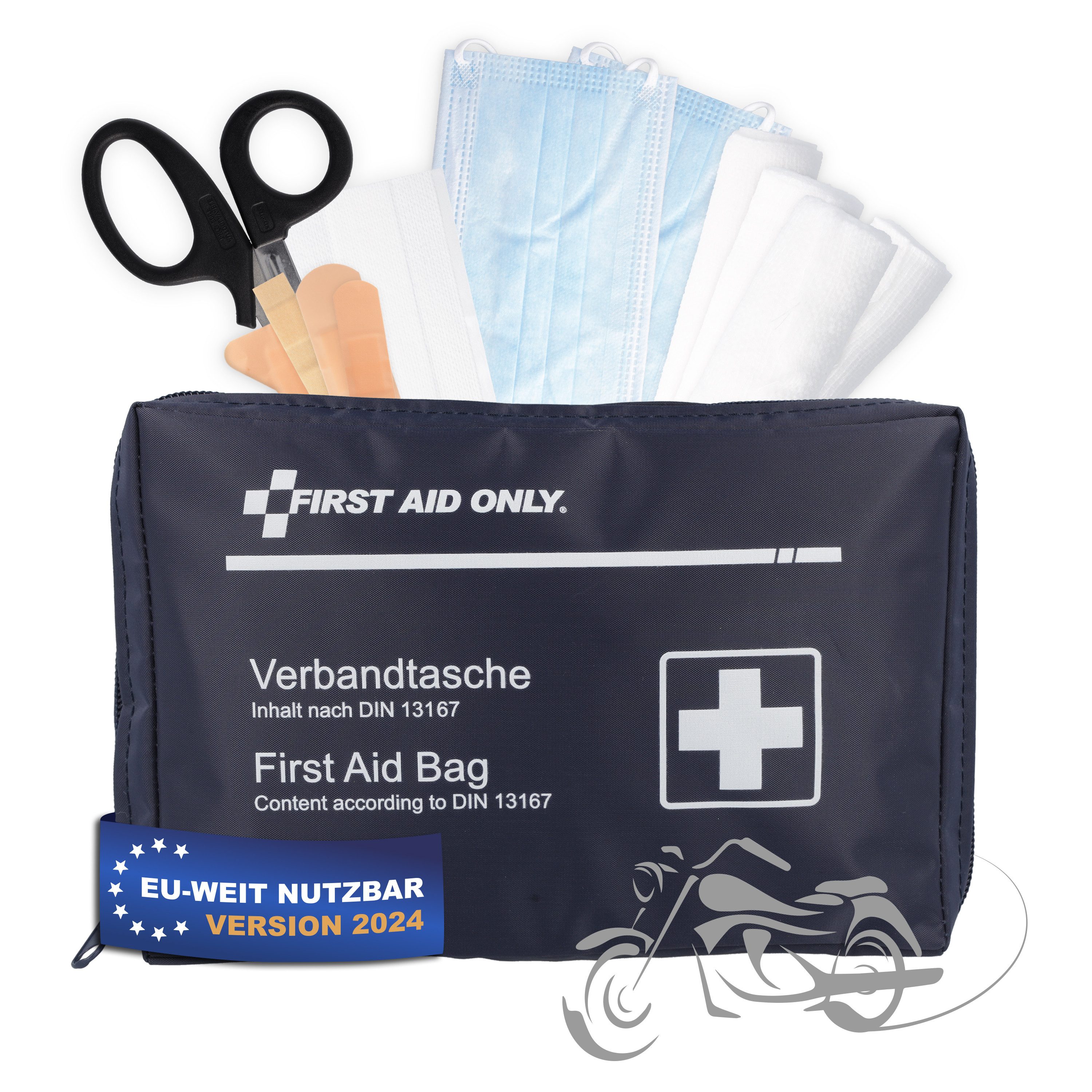 FIRST AID ONLY® KFZ-Verbandtasche Motorrad Erste Hilfe Set DIN 13167 28-teilig für Reise & Freizeit, Kompakter Verbandskasten