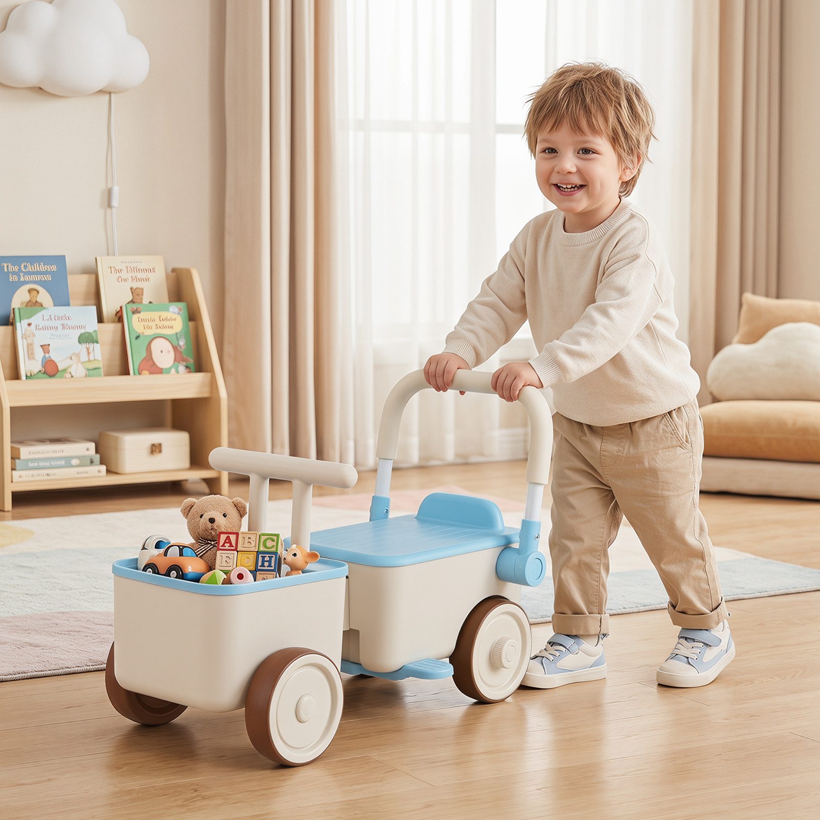 COSTWAY Lauflernwagen 3 in 1 Kinderwagen, Rutscherauto, (1-tlg), mit Stauraum, Zugseil, klappbarem Griff