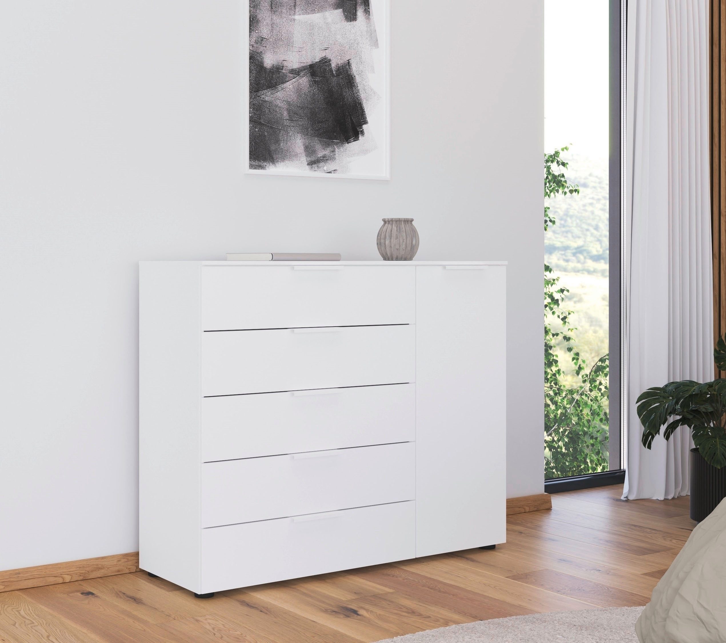 rauch Schubkastenkommode Kommode Türkommode Sideboard Kombikommode FLIPP (Breite 120 cm mit 2 Einlegeböden), 1-türig mit 5 Schubladen und Soft-Close-Funktion