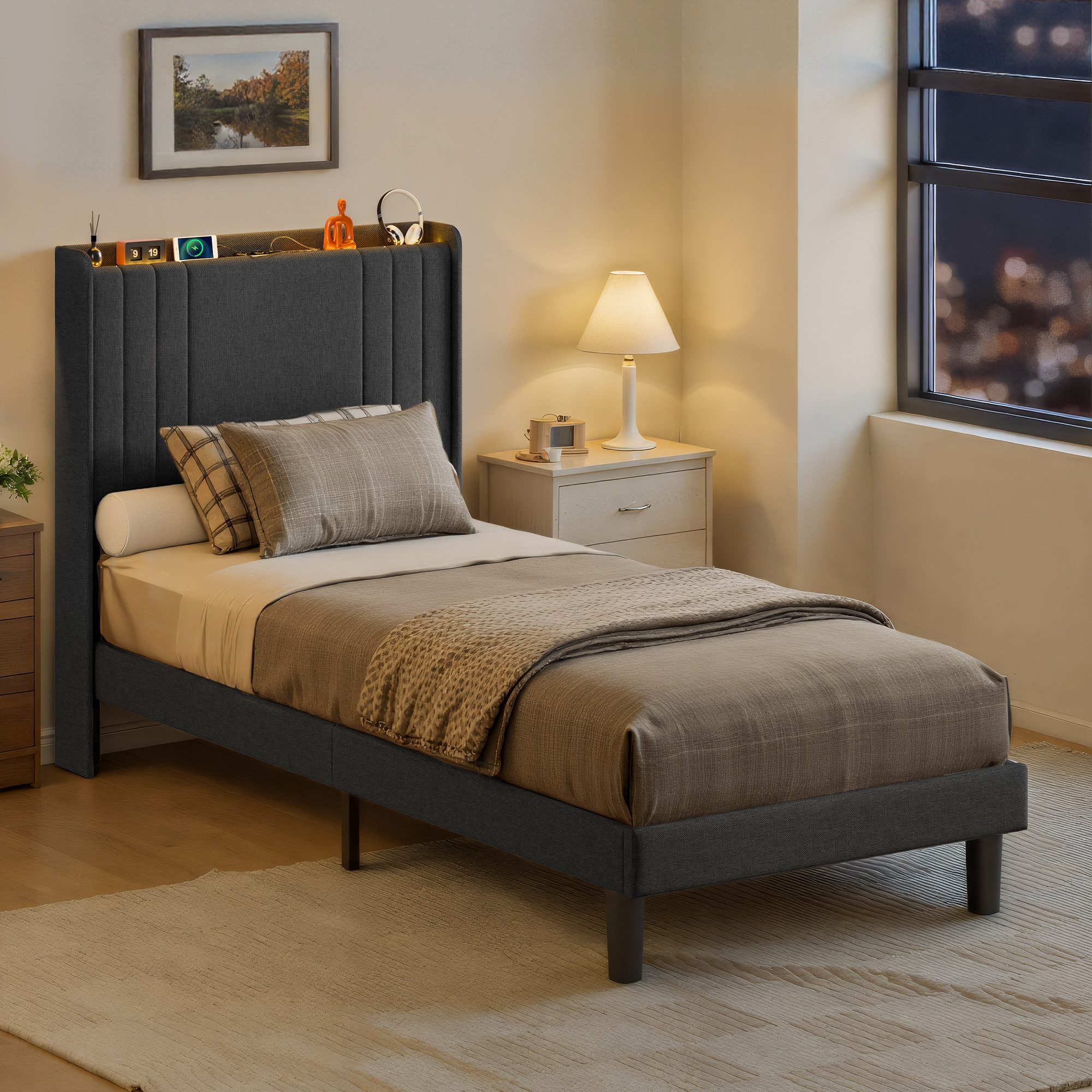 Bealife Polsterbett lsterbett Einzelbett,Bettgestell mit Kopfteil, Steckdosen, LED-Licht (2 Modelle (90x200, 120x200)