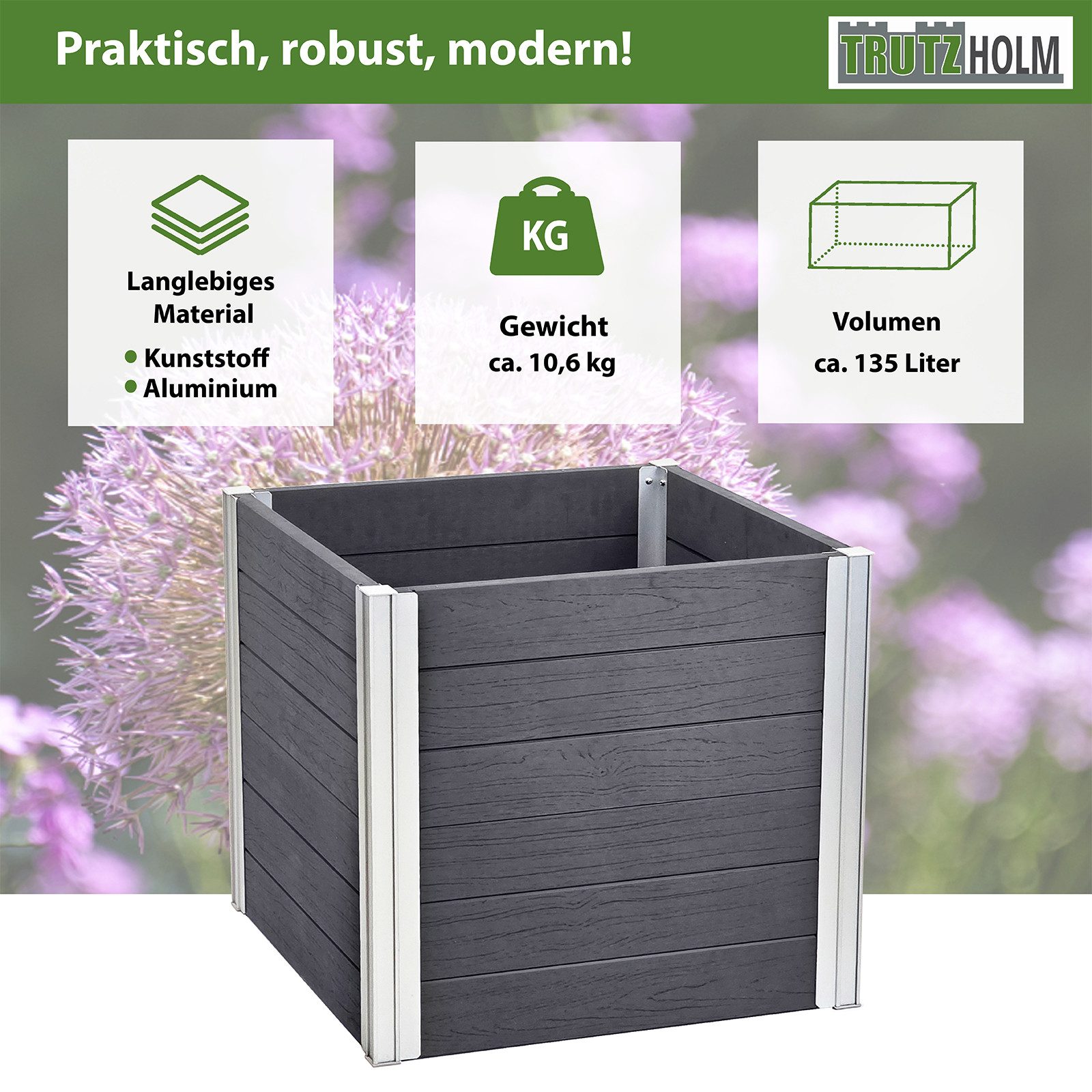 TRUTZHOLM Hochbeet Übertopf 135L Holzoptik langlebig Pflanzkasten Pflanzkübel Alu Profile, 57x 57x 56,5 cm,Langlebig,Zeitlos