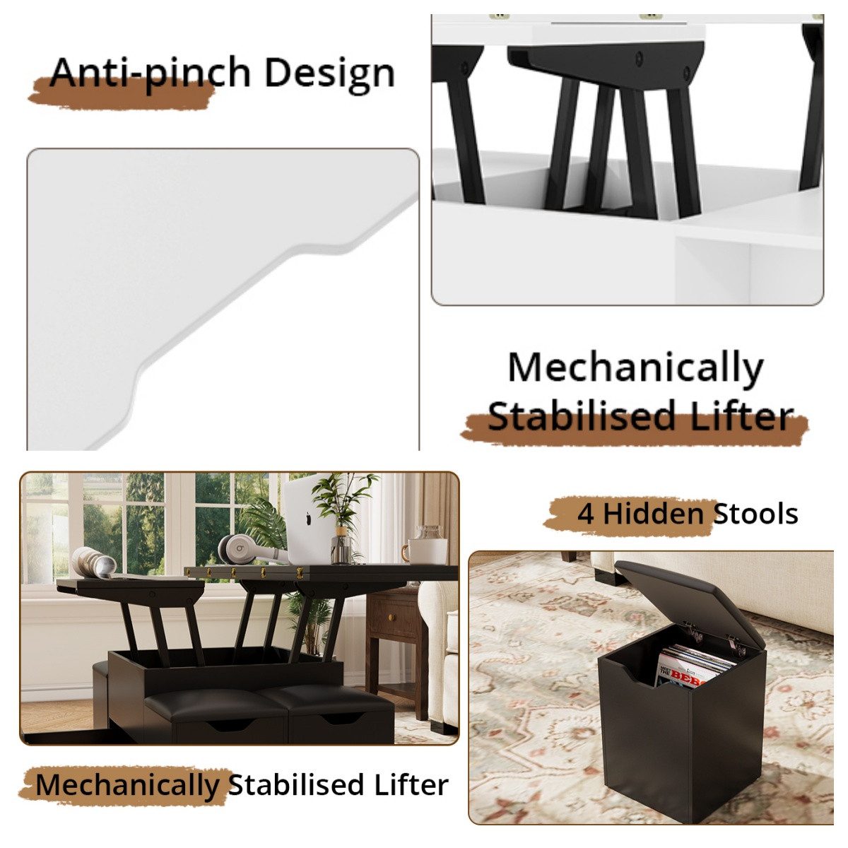 VOWNER Couchtisch 3-in-1-Multifunktions-Couchtisch mit Schublade & 4 Hockern (1-St), umwandelbar in Esstisch, höhenverstellbar