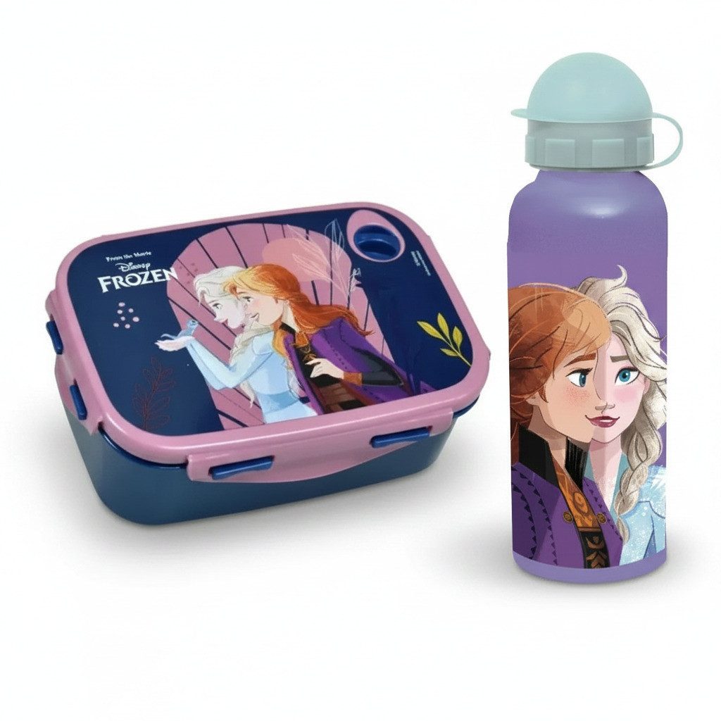 Disney Lunchbox Disney Die Eiskönigin Anna Elsa Kinder Lunch Set 2-teilig, (2-tlg., Spar-Set), Brotdose Alu Trinkflasche 520 ml