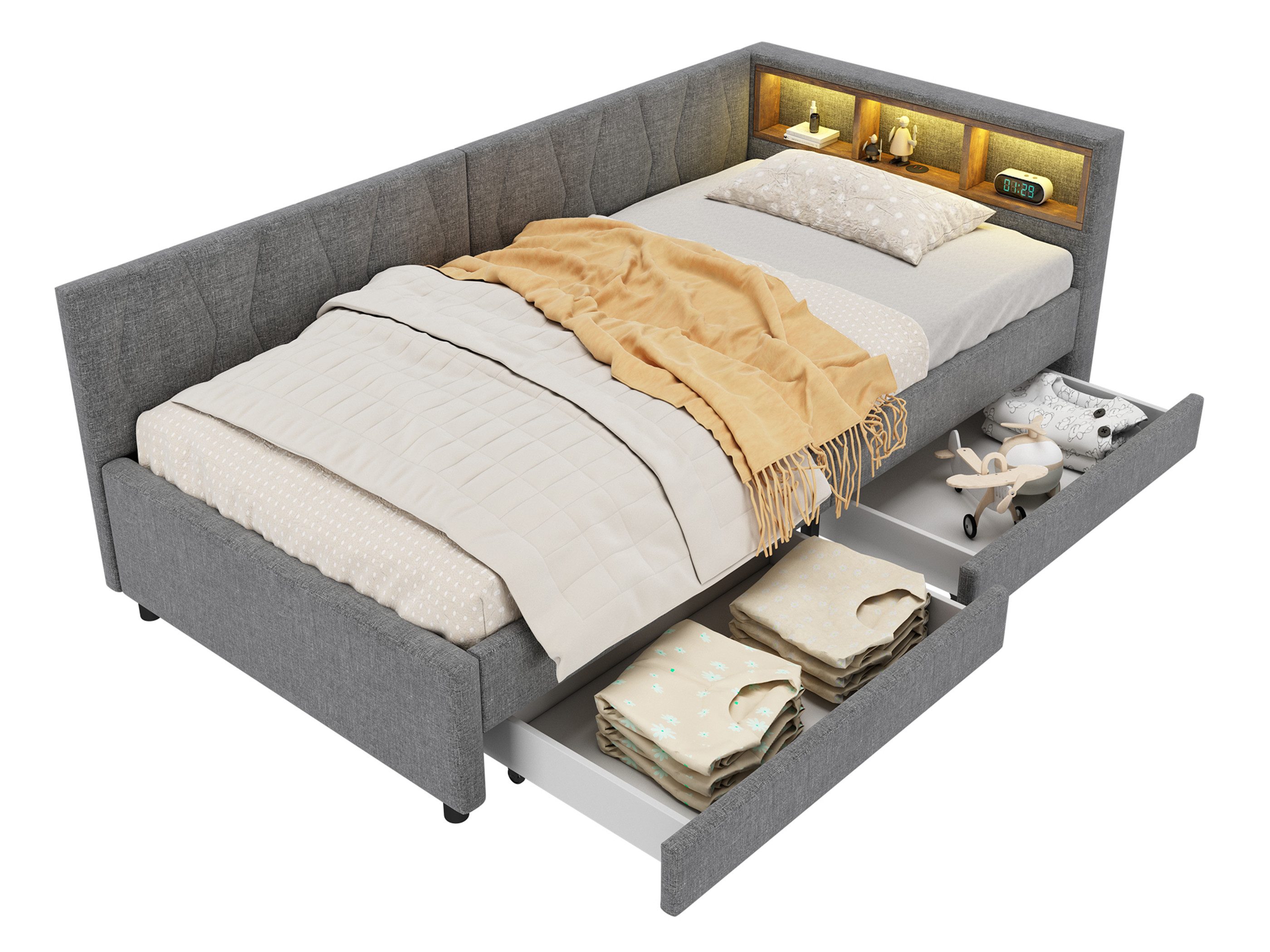 SeedWave Daybett Polsterbett mit Schubladen, Leinenbezug, LED-Beleuchtung, Ladefunktion, 90x200cm Stauraumbett mit Schubladen und Regalfächern