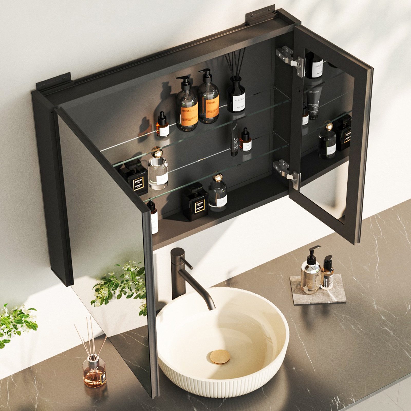 KreaGo Spiegelschrank Schwarz Badezimmerspiegelschrank Aluminium 2 türig (B günstig online kaufen