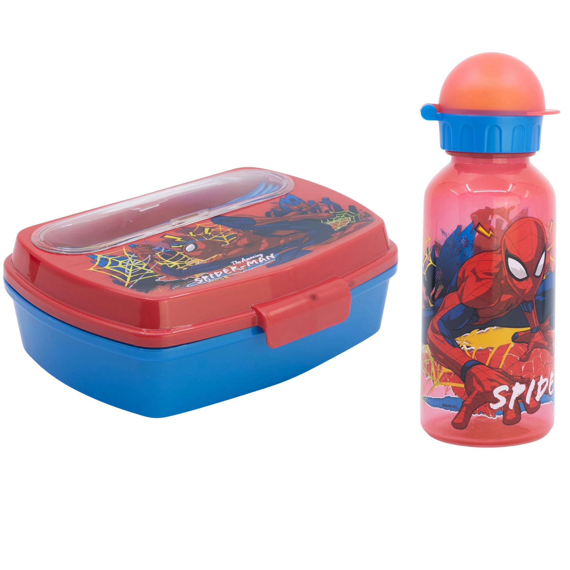 MARVEL Lunchbox Marvel Spiderman 4 tlg Kinder Set Brotdose Trinkflasche Besteck, (4-tlg., Spar-Set)