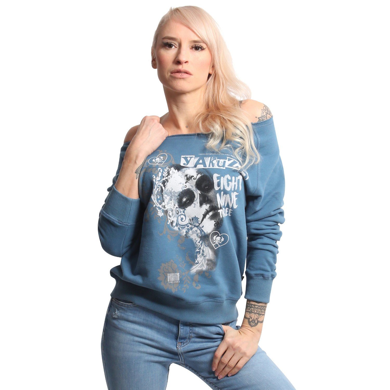 YAKUZA Sweatshirt Muerte Romantica mit weitem Rundhalsausschnitt. Reduzierter Preis € 35,90. Unverbindliche Preisempfehlung € 59,90