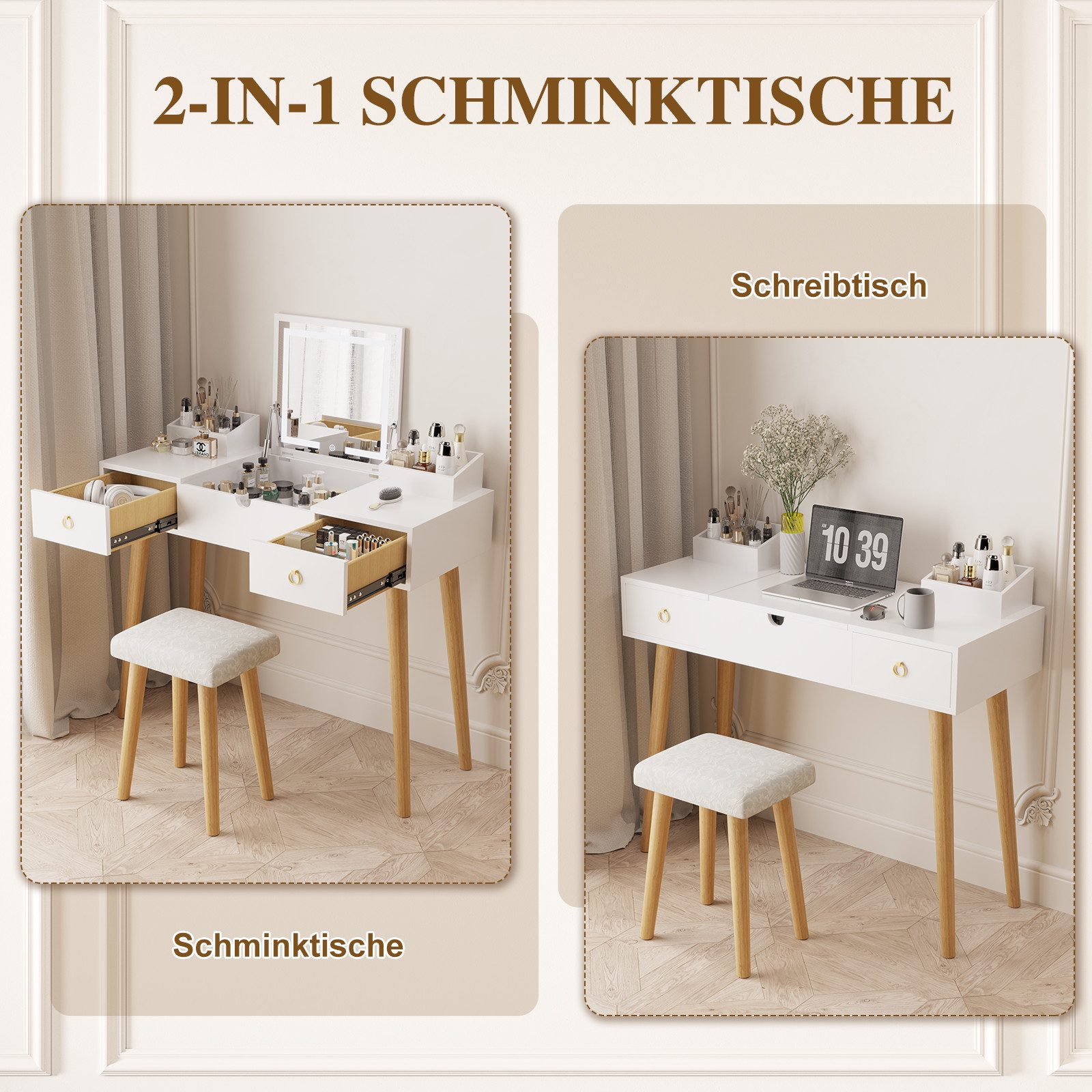 Gywowken Schminktisch 2‑in‑1 mit LED‑Spiegel und Hocker, 100cm, 3‑farbig einstellbares Licht (3‑farbig einstellbares Licht), Breite 100 cm – Bild 4 von 5
