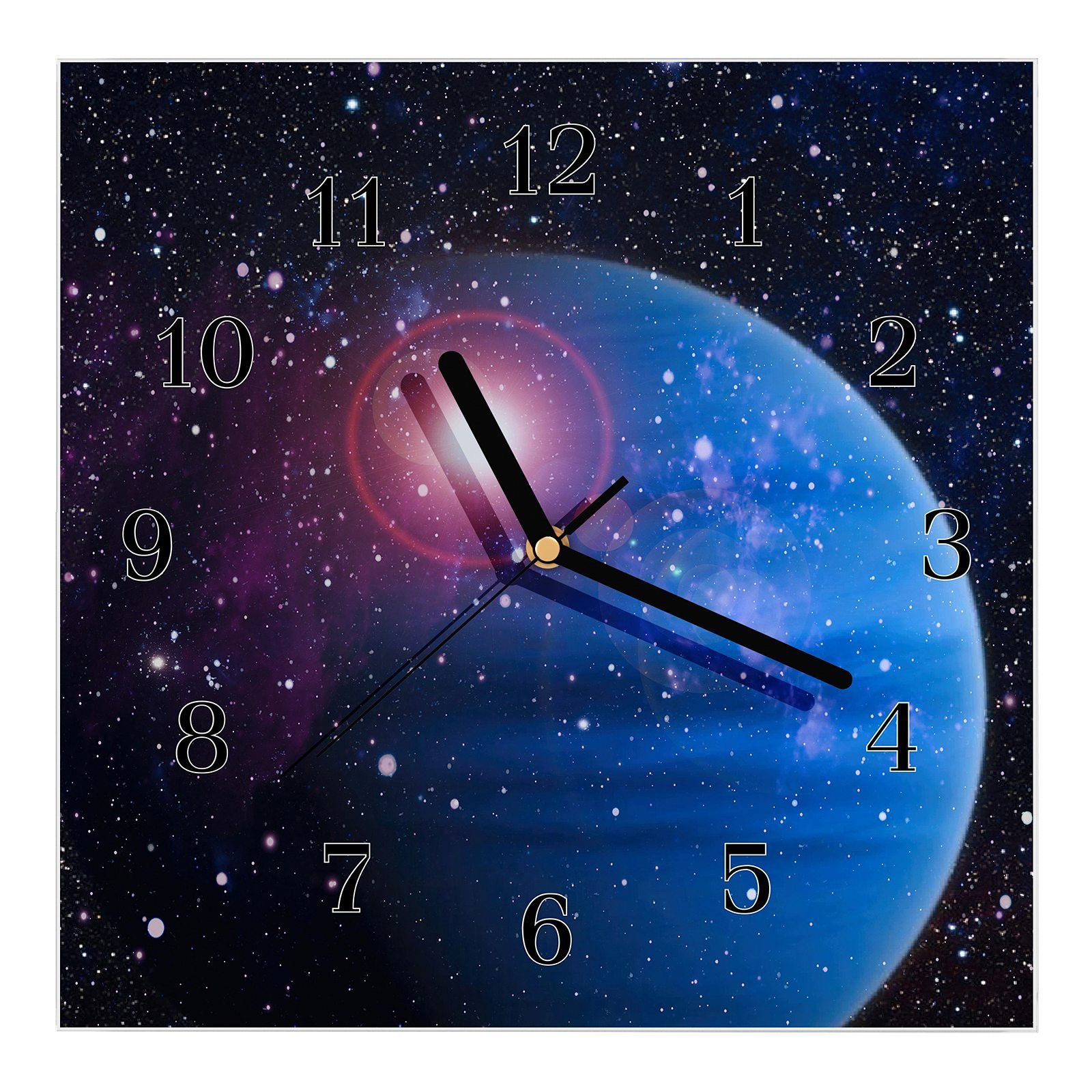 Primedeco Wanduhr Glasuhr Wanduhr Wandkunst Größe 30 x 30 cm mit Motiv Planet im Weltall