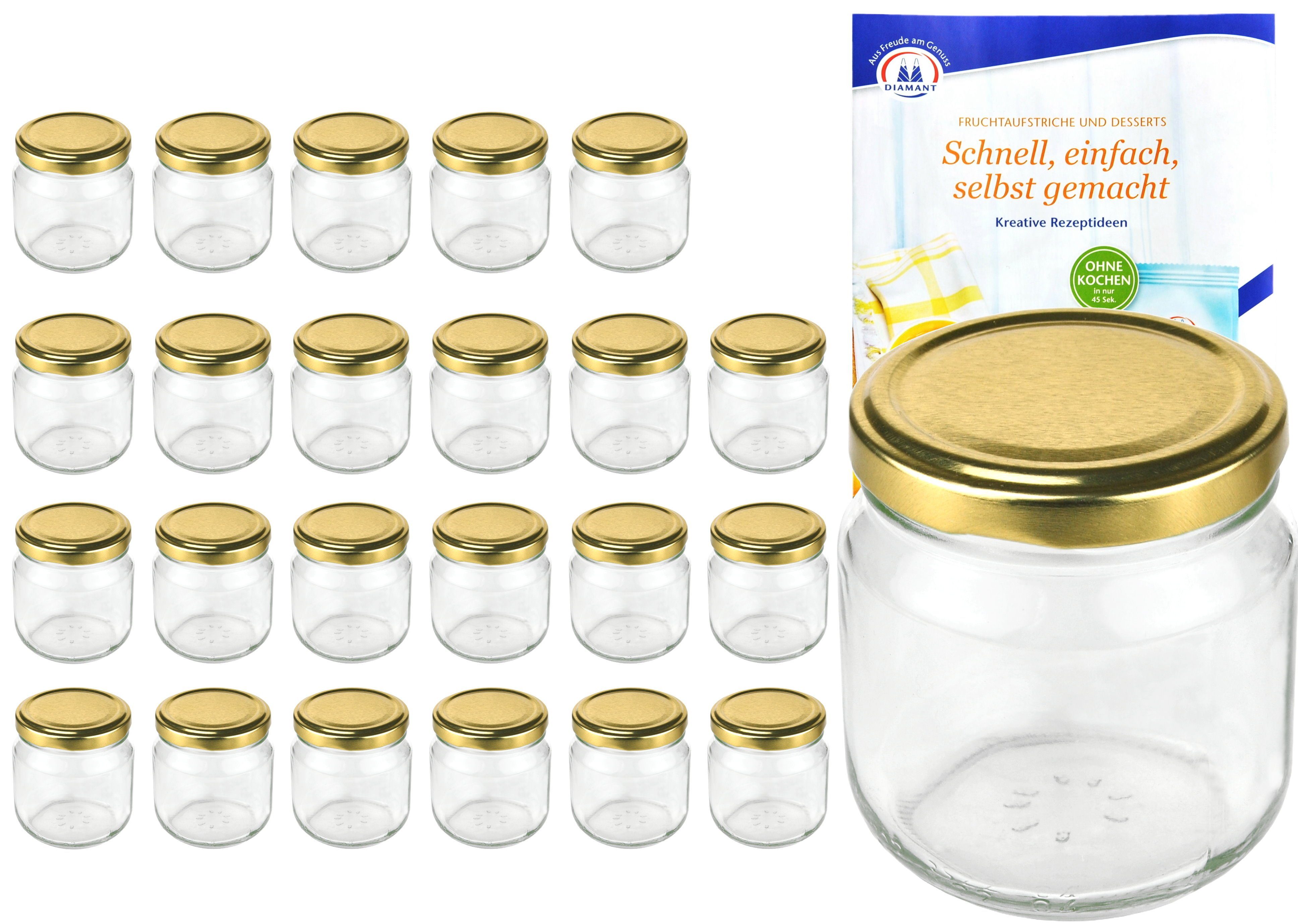 MamboCat Einmachglas 24er Set Rundglas 212 ml nieder To 66 goldener Deckel incl. Rezeptheft, Glas