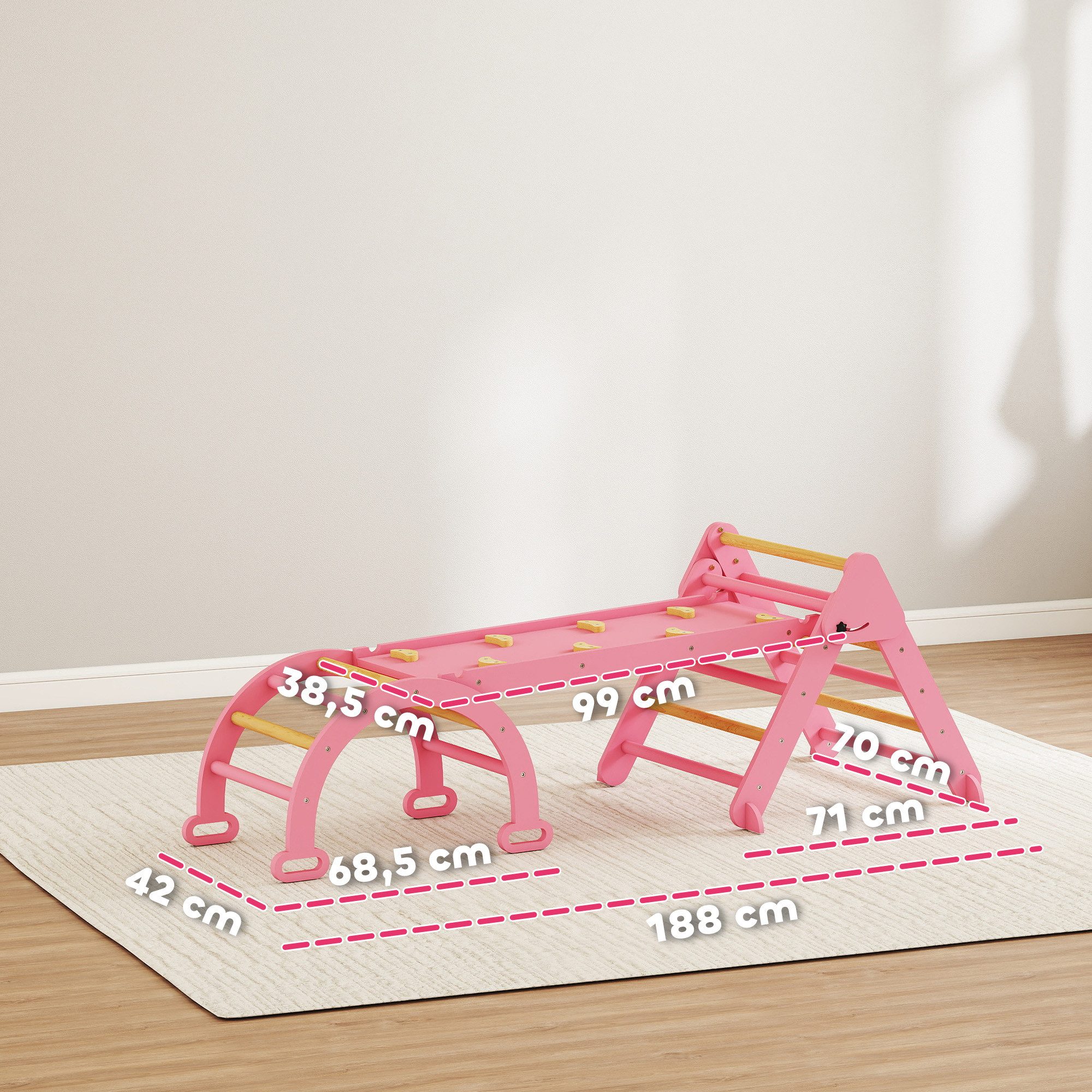 AIYAPLAY Klettergerüst 7-in-1 Montessori Indoor, faltbar Holz mit Rutsche, Bogen, (5 in 1 klappbar Kletterdreieck, 3-St., Spielplatz Indoor), für Kinder 18-48 Monate, Rosa