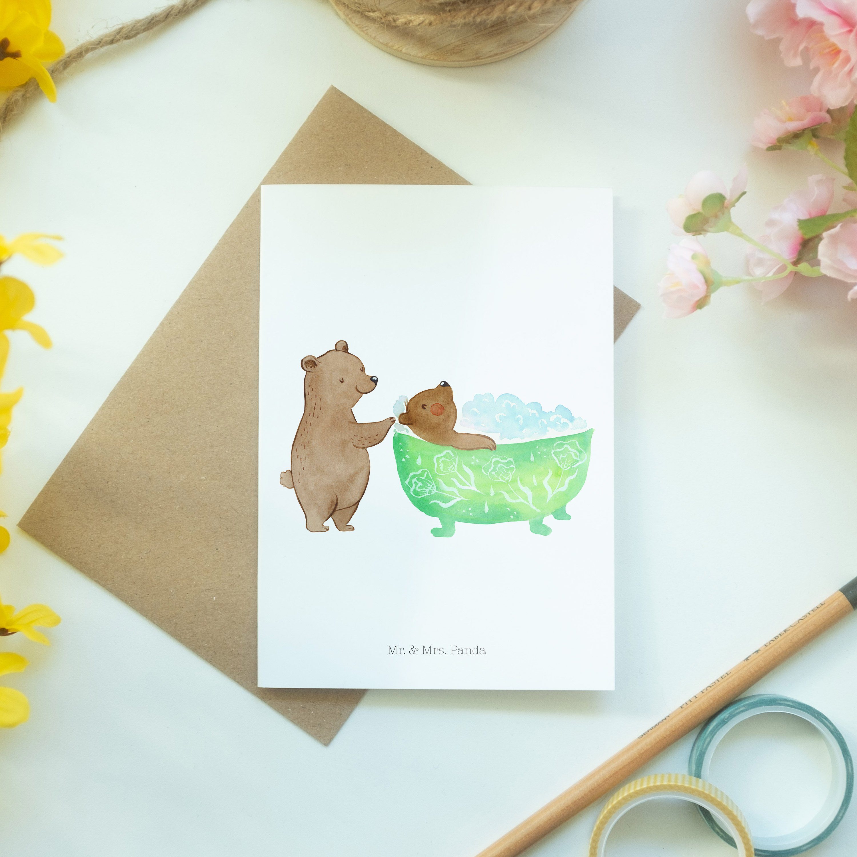 Mrs. Liebe, - Geschenk, - Grußkarte Mr. Weiß badet Geburtstagskarte, Familie, Klappk Oma & Panda