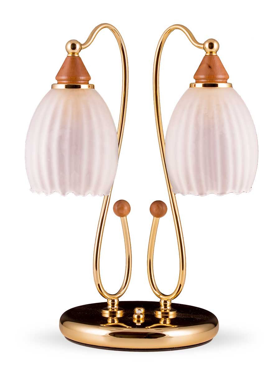 Helios Leuchten LED Tischleuchte klassisch Messing gold Holz 2 x E14, Schreibtischlampe Nachttischlampe Wohnzimmerlampe, LED wechselbar, warmweiß, 24k vergoldet, Schalter im Fuß