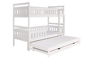 Deine Möbel 24 Etagenbett Hochbett KEV für 3 Kinder 90x200 Weiß (Vollholz massiv, mit Rausfallschutz, Lattenrost und 2 Schubladen), in 2 Betten umbaubar, aus Kiefernholz