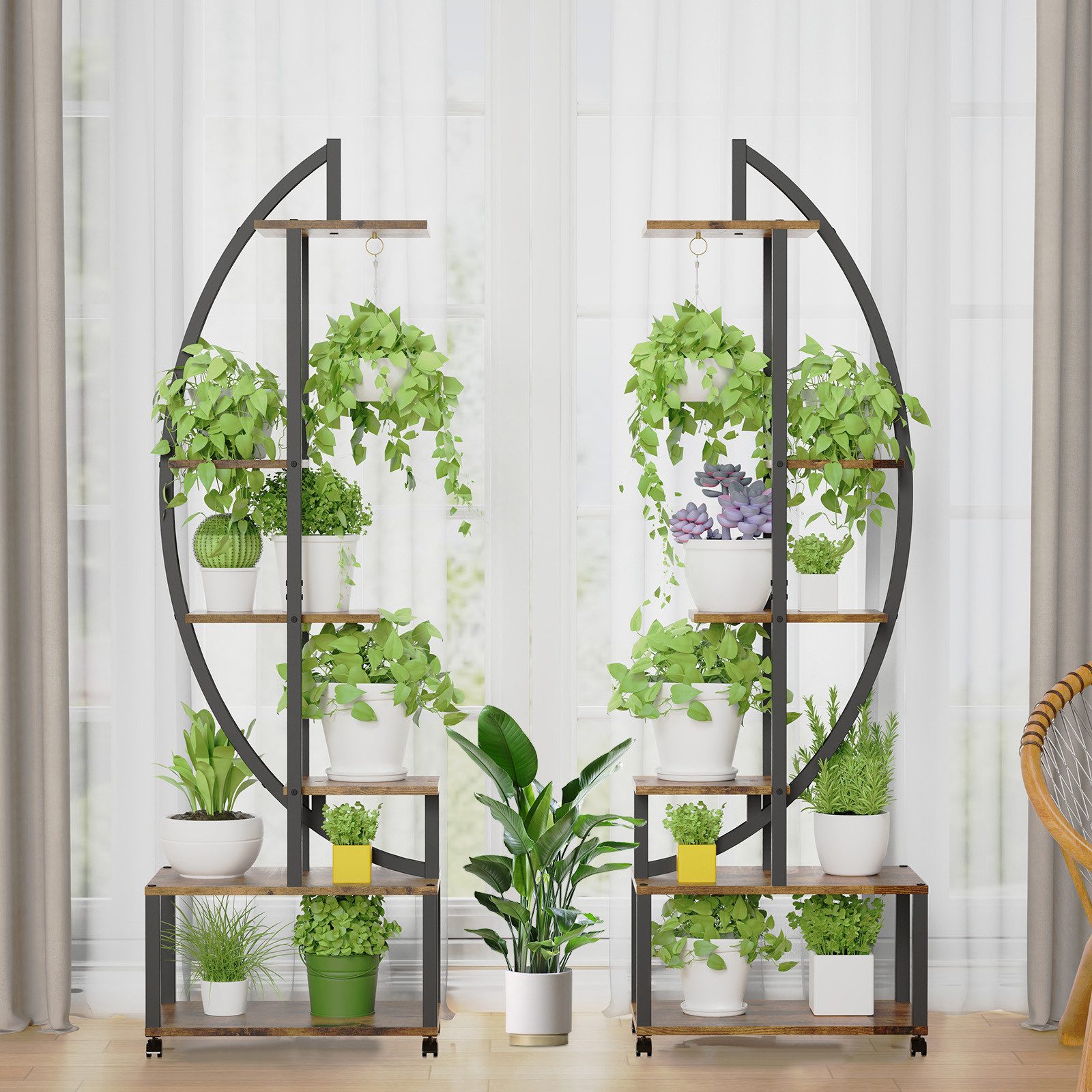 Jibenhome Pflanzentreppe Blumenständer mit 6 Ebenen, 2 Stück Pflanzenregal mit Pflanzenlicht