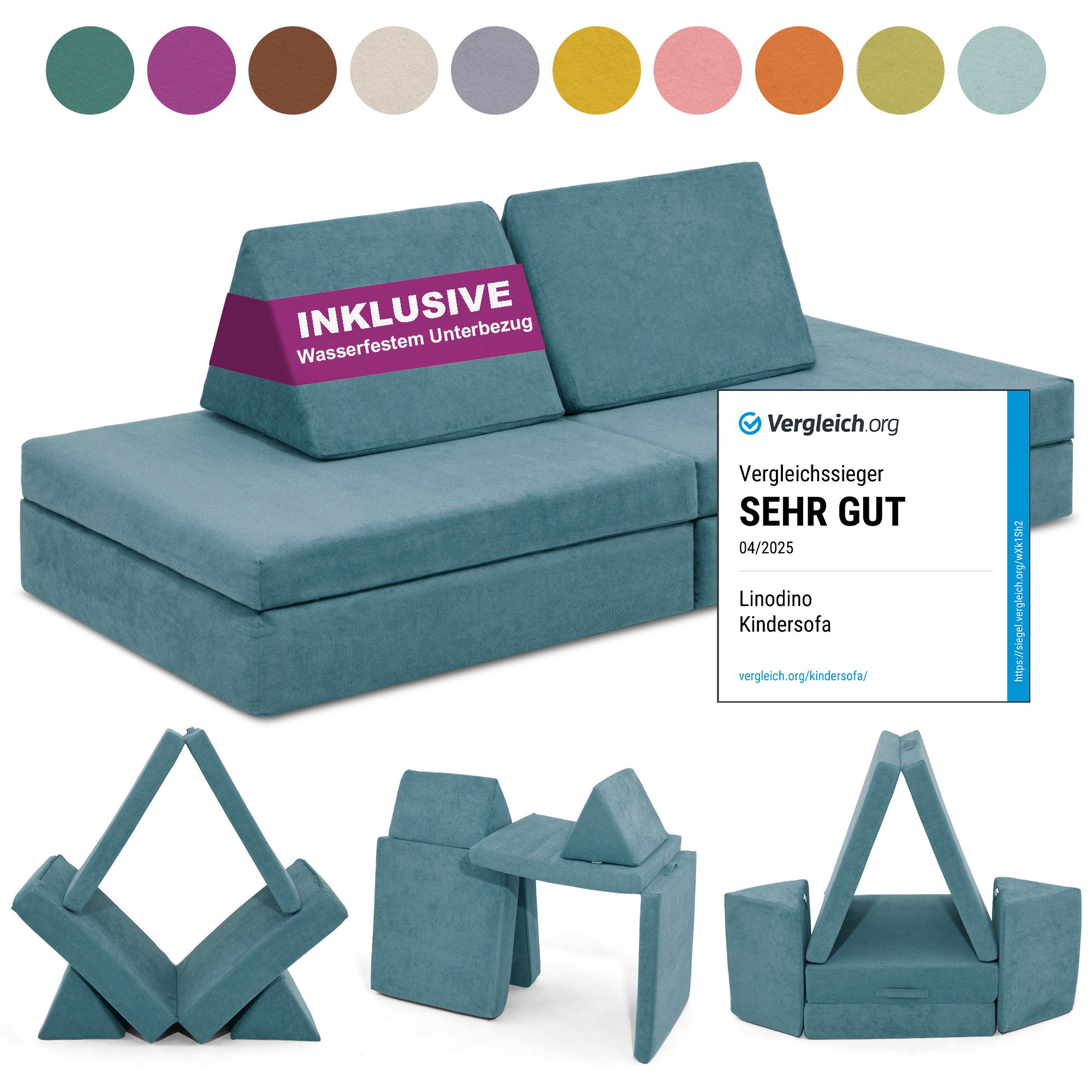 Linodino Kindersofa Spielsofa I aus Schaumstoff Bausteine I Spielcouch für Kinder, Wasserfeste Unterbezüge, Waschbare Chenille Bezüge 30°