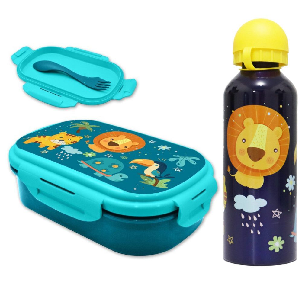 Kids Euroswan Lunchbox Jungle Friends 3 tlg Set Brotdose Alu Trinkflasche 500 ml Göffel, Kunststoff Alu, (3-tlg)