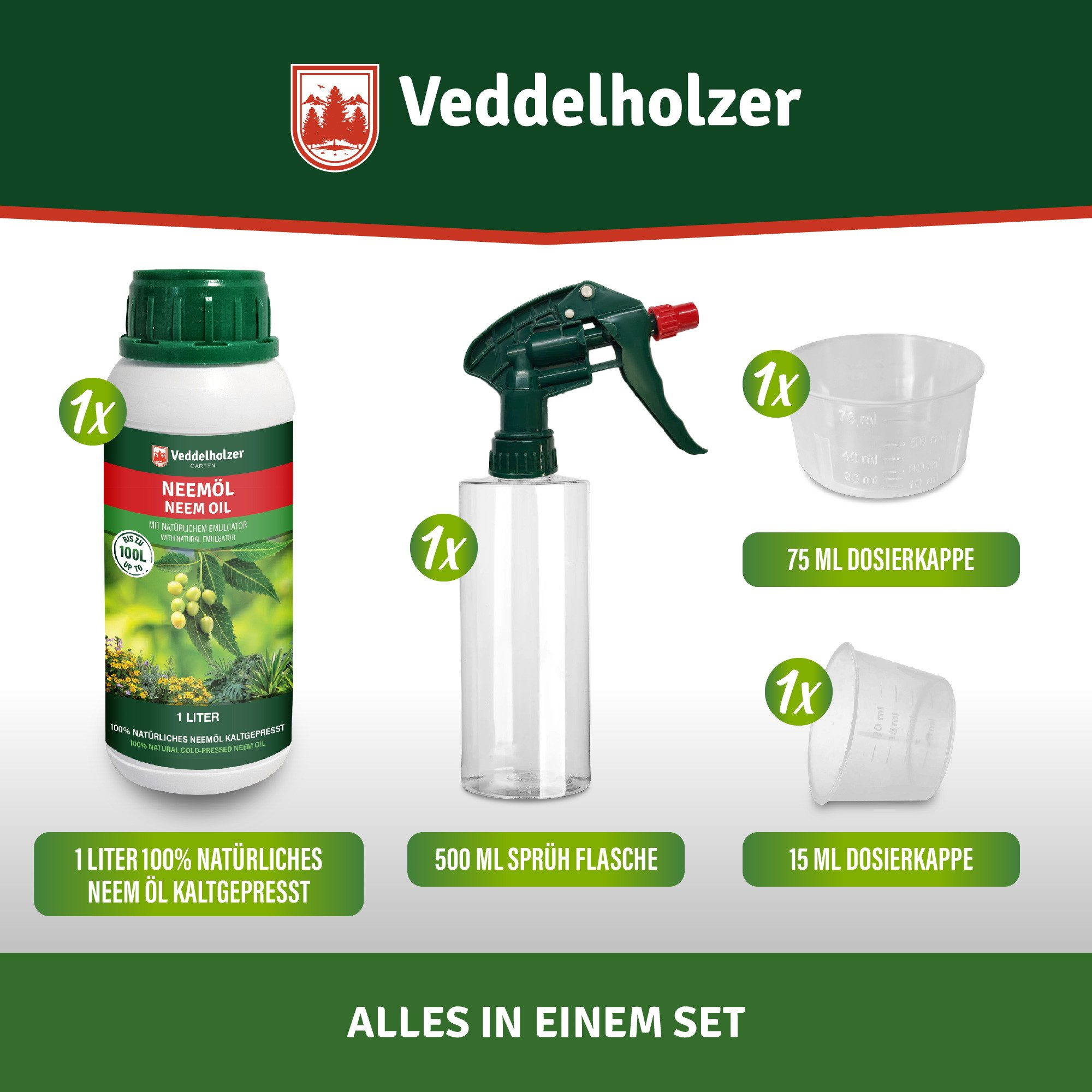 Veddelholzer Pflanzenstärkungsmittel 1000 ml Premium kaltgepresstes 100% natürliches Neemöl Komplett Set, mit natürlichem Emulgator + Sprühflasche 500 ml & 2 Messbecher, natürliche Pflanzenpflege, für drinnen & draußen
