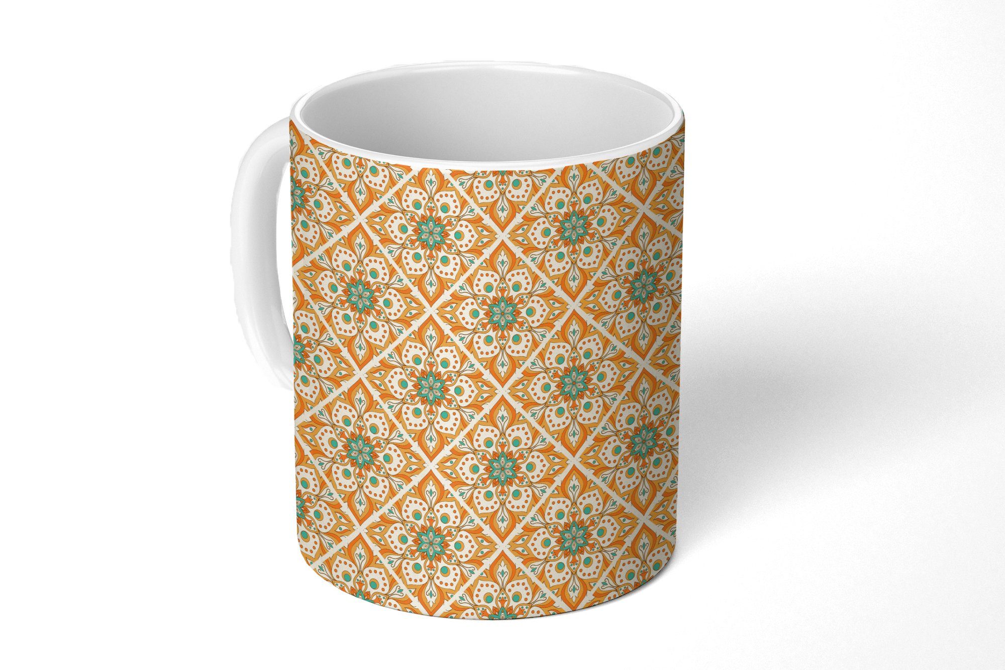 MuchoWow Tasse Mandala - Boho - Blumen - Orange - Muster, Keramik, Kaffeetassen, Teetasse, Becher, Teetasse, Geschenk