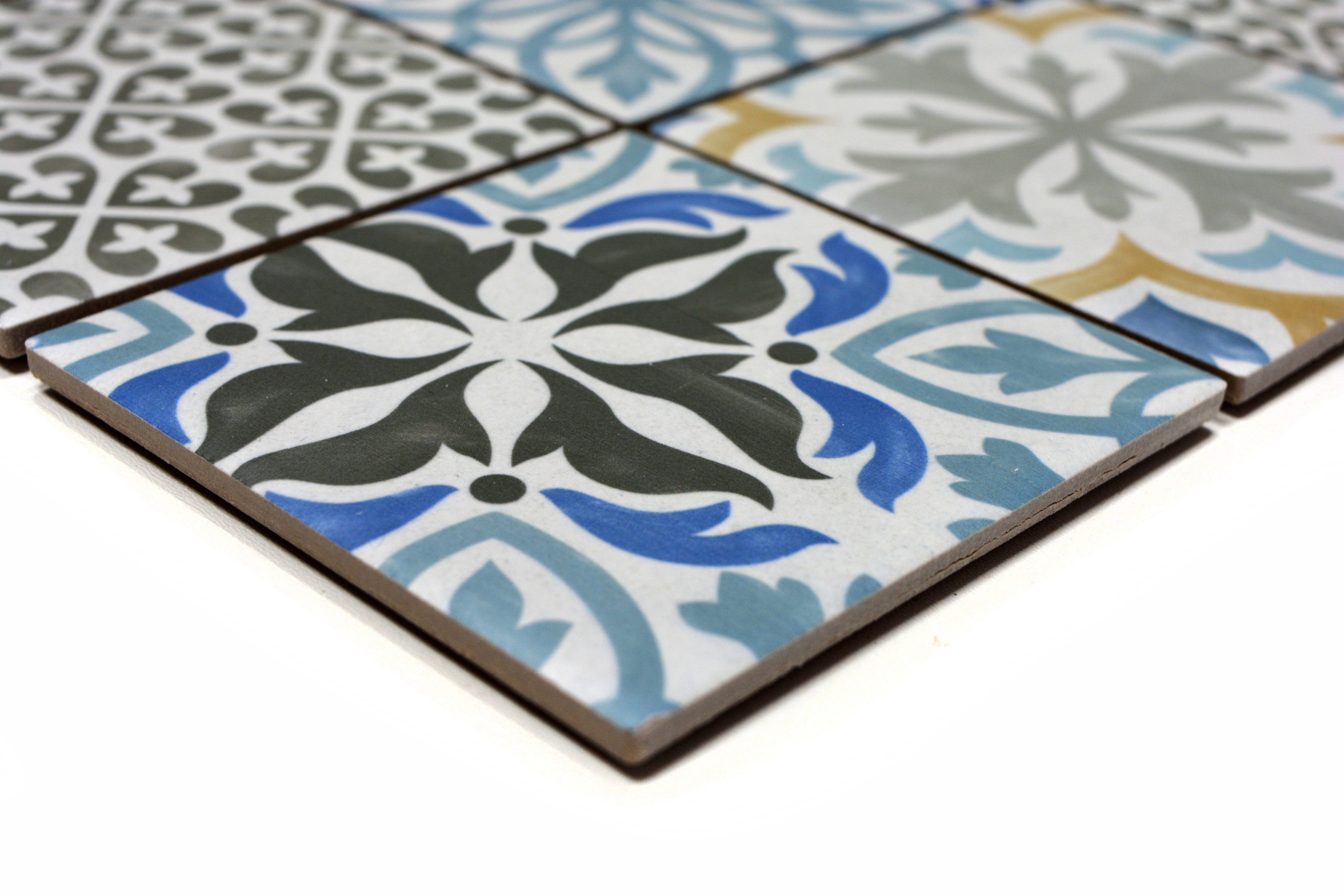 Mosani Mosaikfliesen Vintage Mosaik Fliese Wand Keramik creme blau orange grau matt