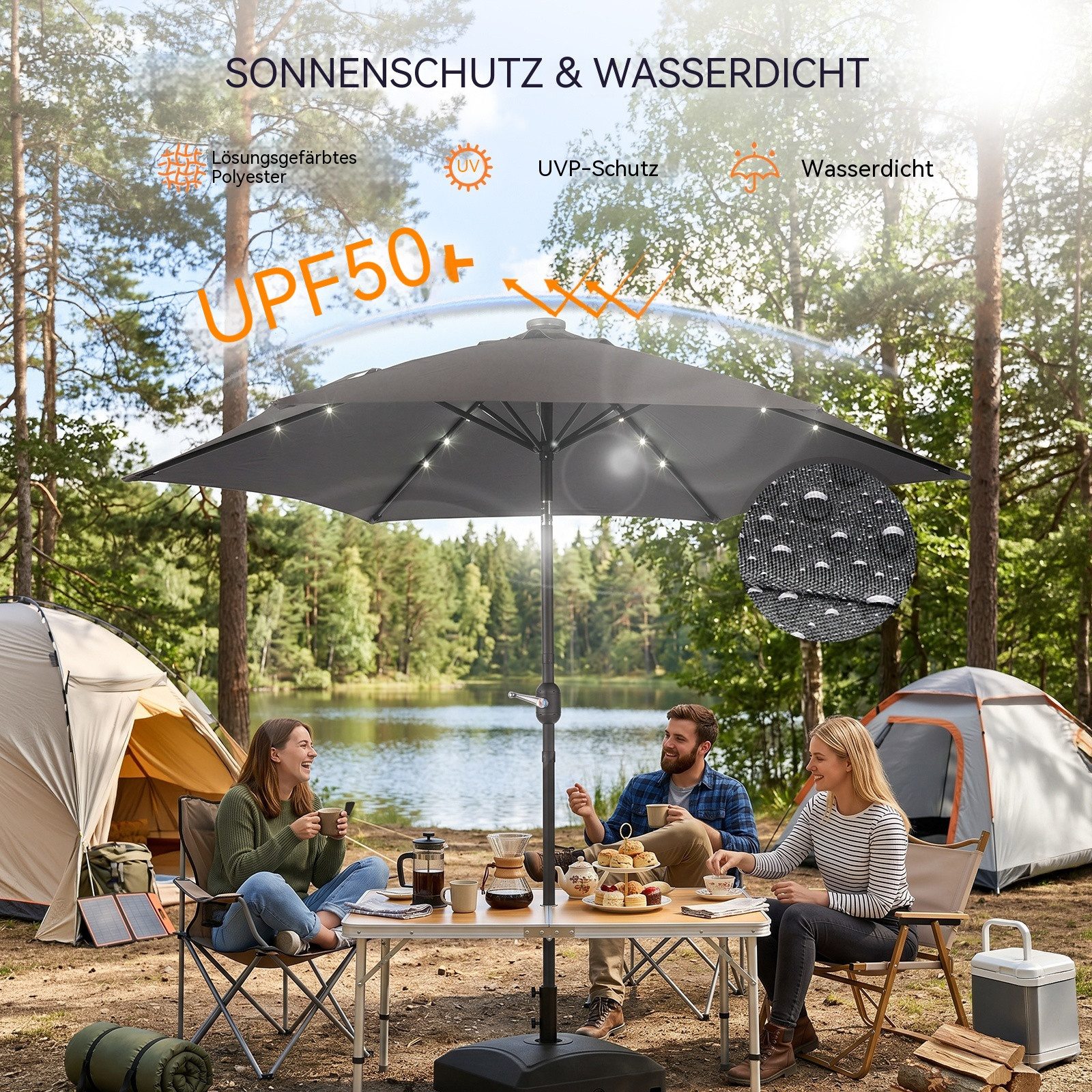 LALAHO Sonnenschirm Gartenschirm Ø266cm mit Solar LED Beleuchtung, Kurbel & Neigefunktion, 6 Stahlrippen UPF50+ Terrassenschirm für Garten, Terrasse – Bild 4 von 5