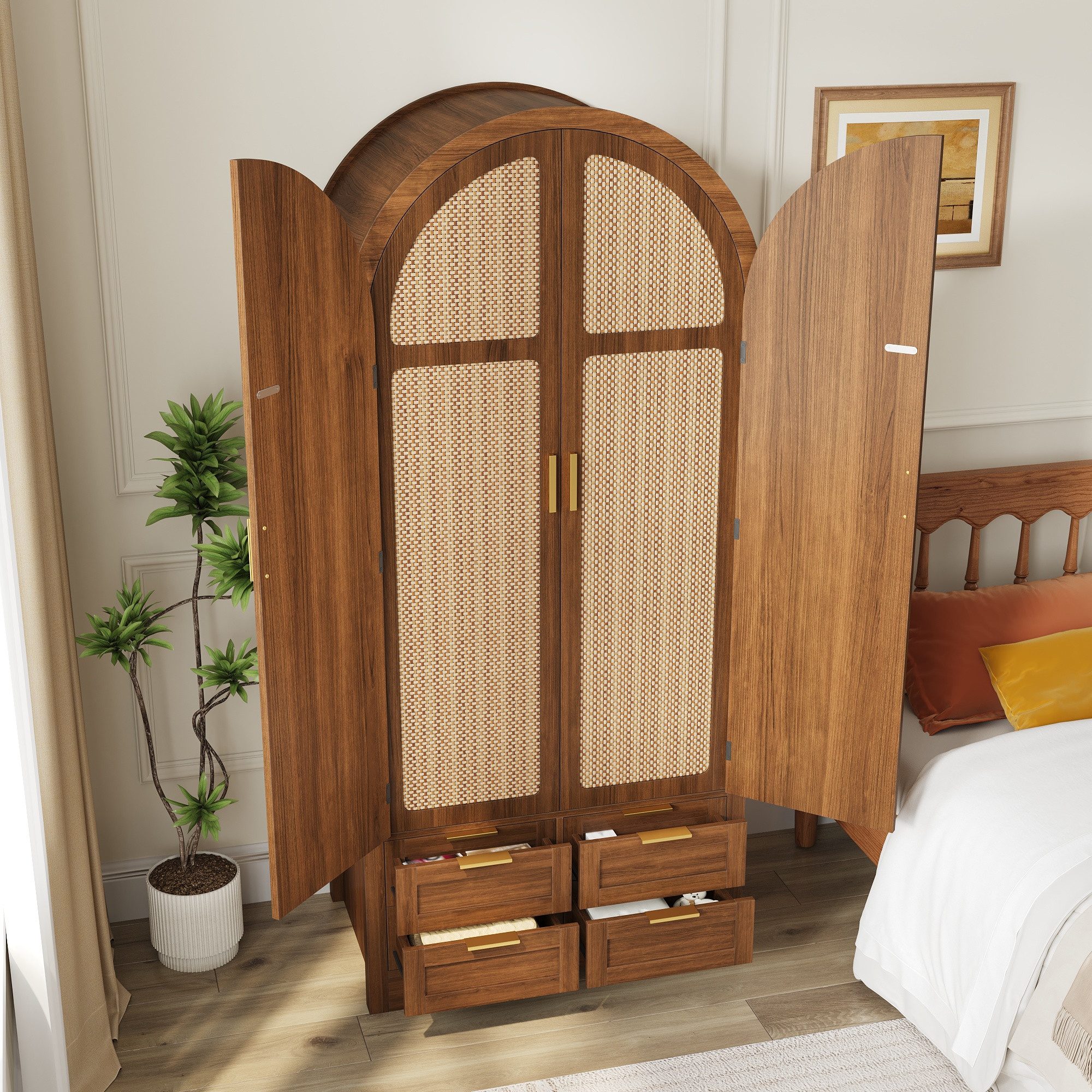 REDOM Kleiderschrank 80x179x50 cm, mit Kleiderstange, Schubladen & großzügigem Stauraum (Packung, 1-St., Nussbaum-Schrank mit natürlichen Rattan-Türen) Luxuriös für das Schlafzimmer oder repräsentative Eingangsbereiche