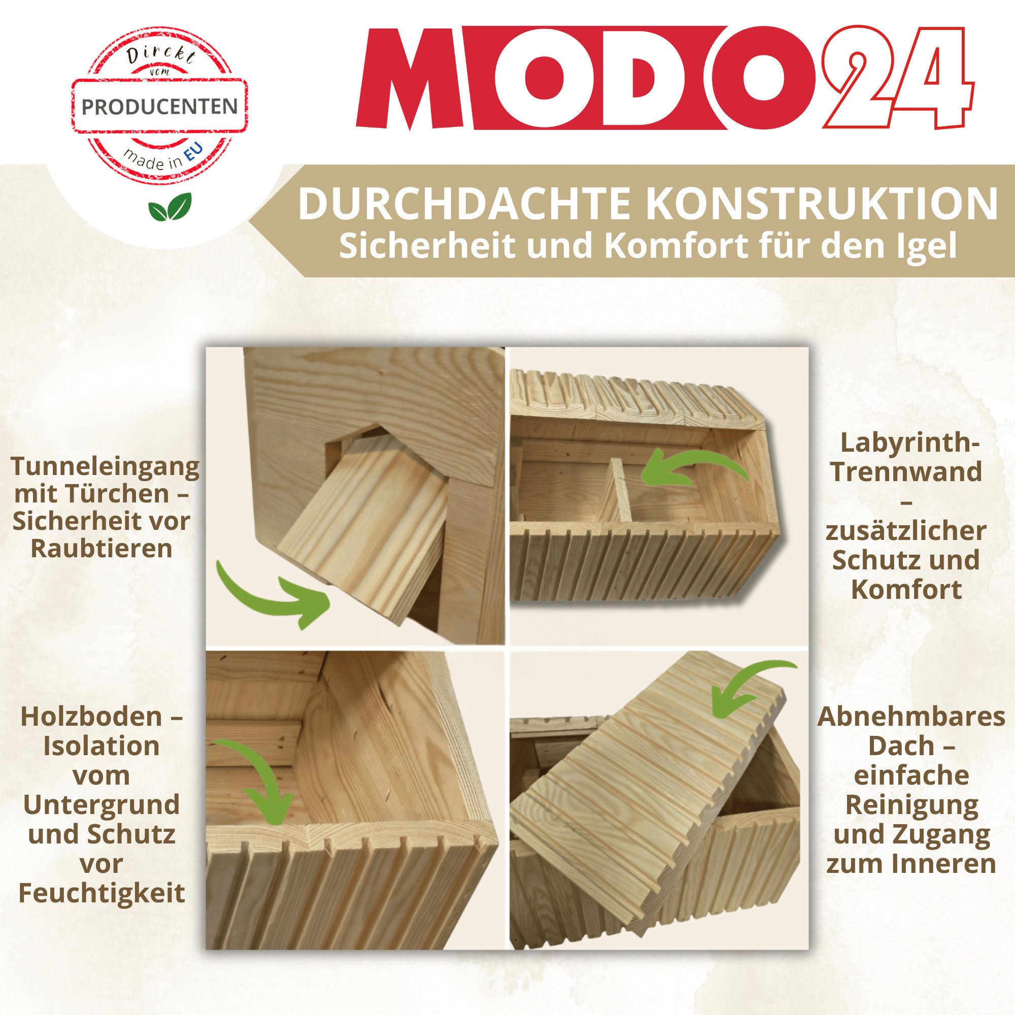 Modo24 Igelhaus mit Boden XXL Winterfest Igelhütte Labyrintheingang, 25x36x27 cm Bausatz Igelfutterhaus Winterschlaf & Nisthaus FSC Holz