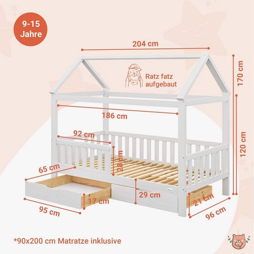 ALCUBE Hausbett HEIM I Komplett Set, Kinderbett 90x200 cm mit Schubladen KOMPLETT Set inkl. Matratze 90x200, Rosa