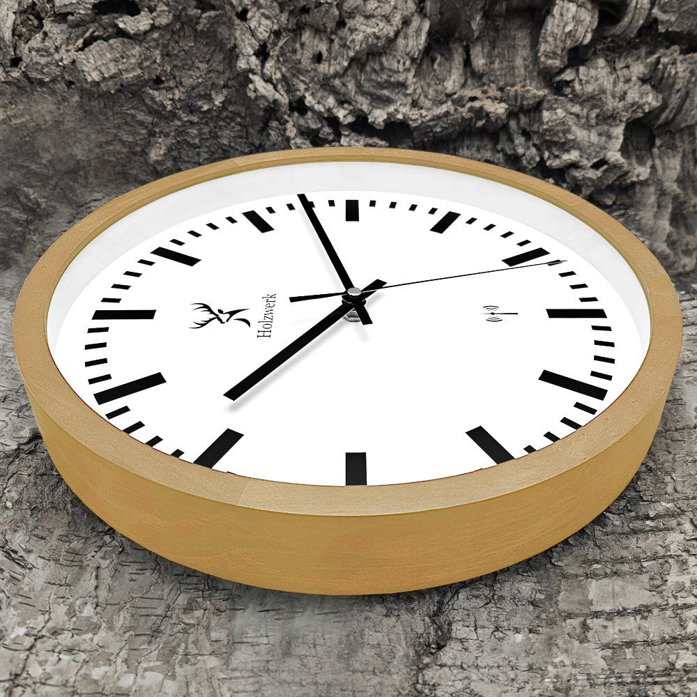 Holzwerk Funkwanduhr Bahnhofs Funk Holz Wand Uhr, braun, beige weiß (Nahezu lautloses Uhrwerk, analog, 30 cm)