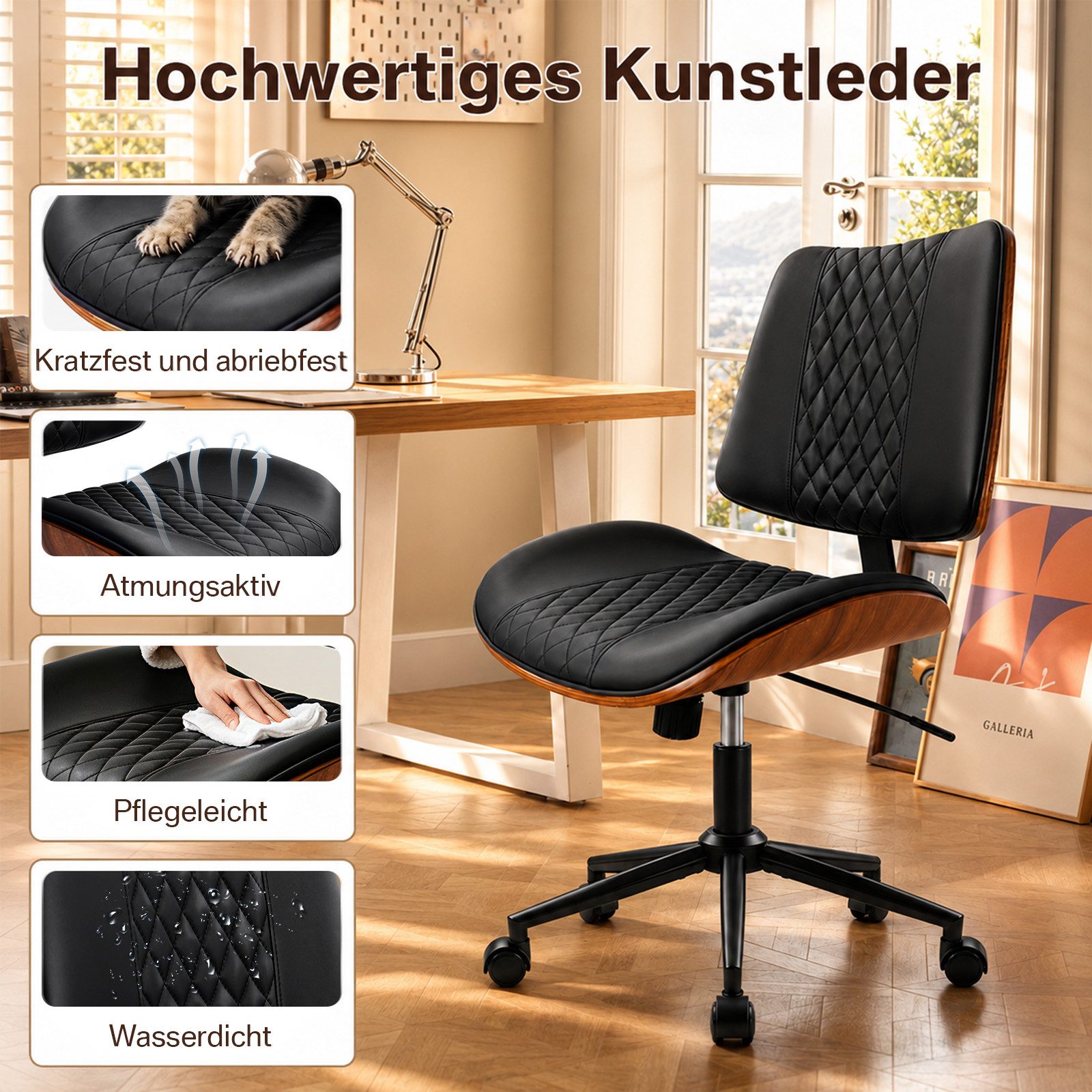 Hoolamyie Schreibtischstuhl, Bürostuhl, PU-Kunstleder mit Holzoptik, 360° drehbar (Drehstuhl – 360° drehbar, höhenverstellbar, Kunstleder,Einzelstuhl, höhenverstellbar, PU-Kunstleder)