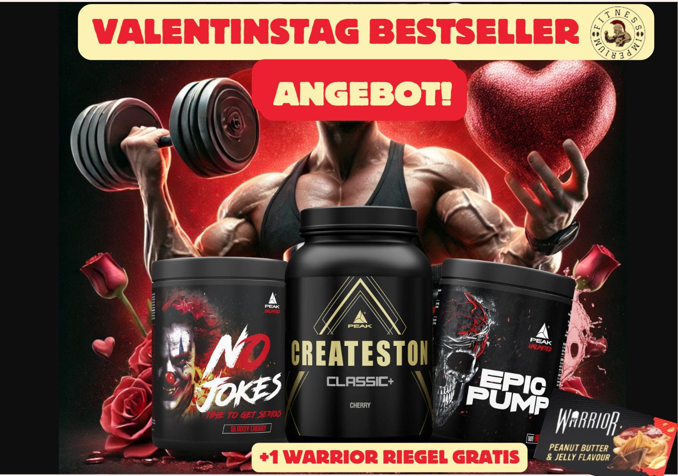 PEAK VALENTINSTAG SET Pre-Workout Booster Protein Post Workout +1 RIEGEL Pulver, 4 er 3 Produkte + 1 Riegel à, Aspartamfrei, Glutenfrei, Low fat
