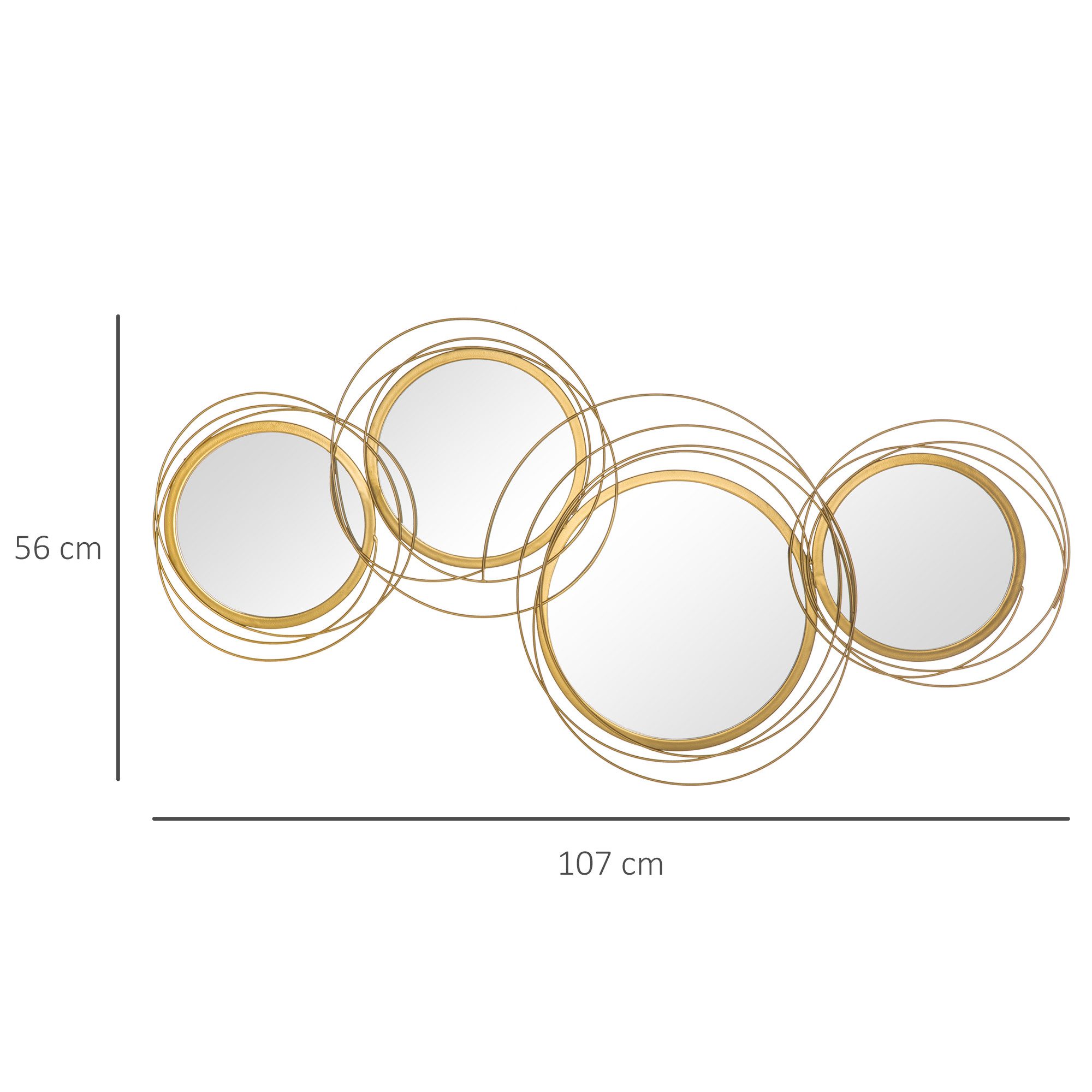 HOMCOM Wandbild Wandspiegel mit 4 runden Spiegeln, Wohnzimmerdeko, Flurspiegel, modern (Wanddeko, 1 St), Metall, Gold, 107 x 4 x 56 cm
