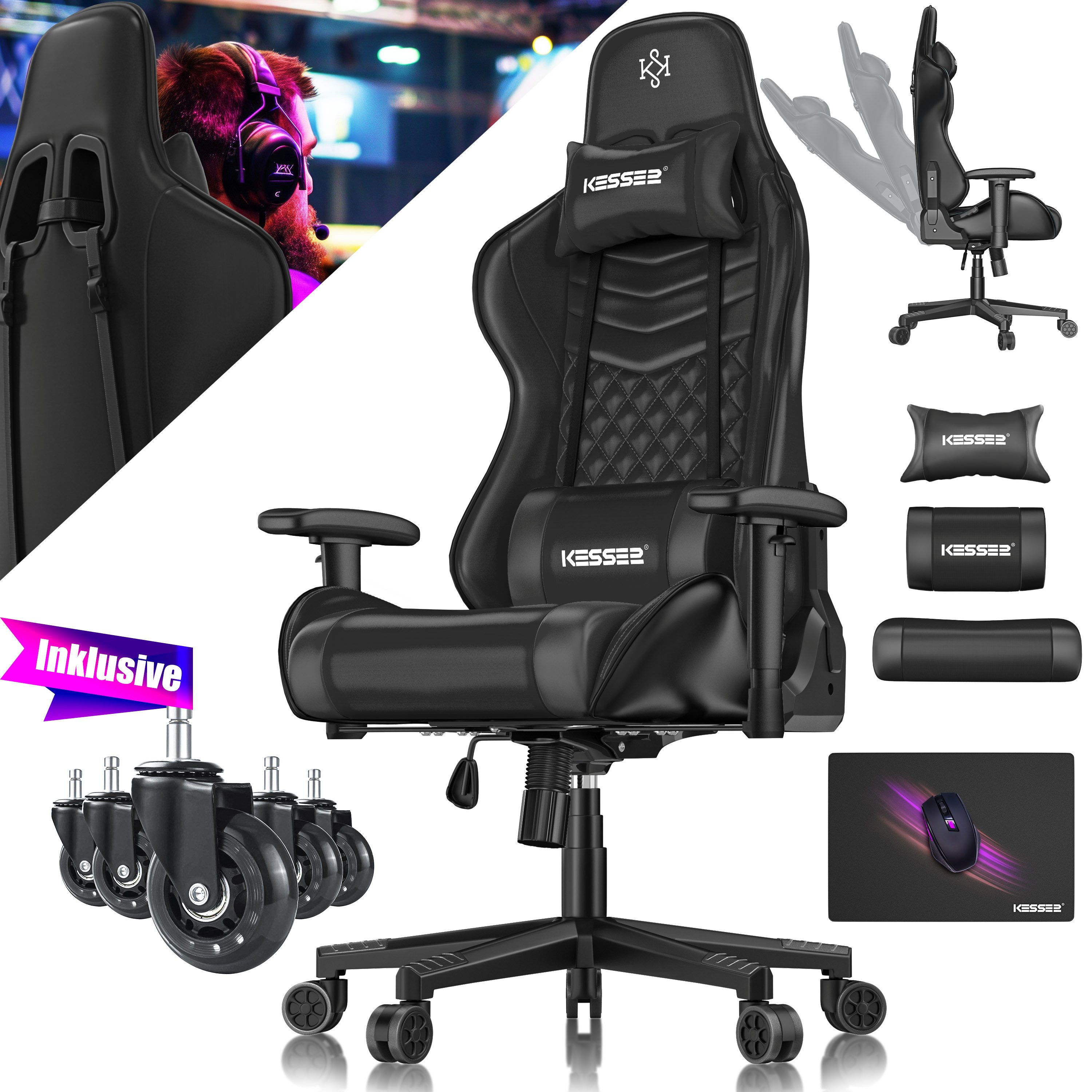 KESSER Gaming Chair, Ergonomisch Gamingstuhl 150kg belastbar Bürostuhl Lenden- & Kopfkissen